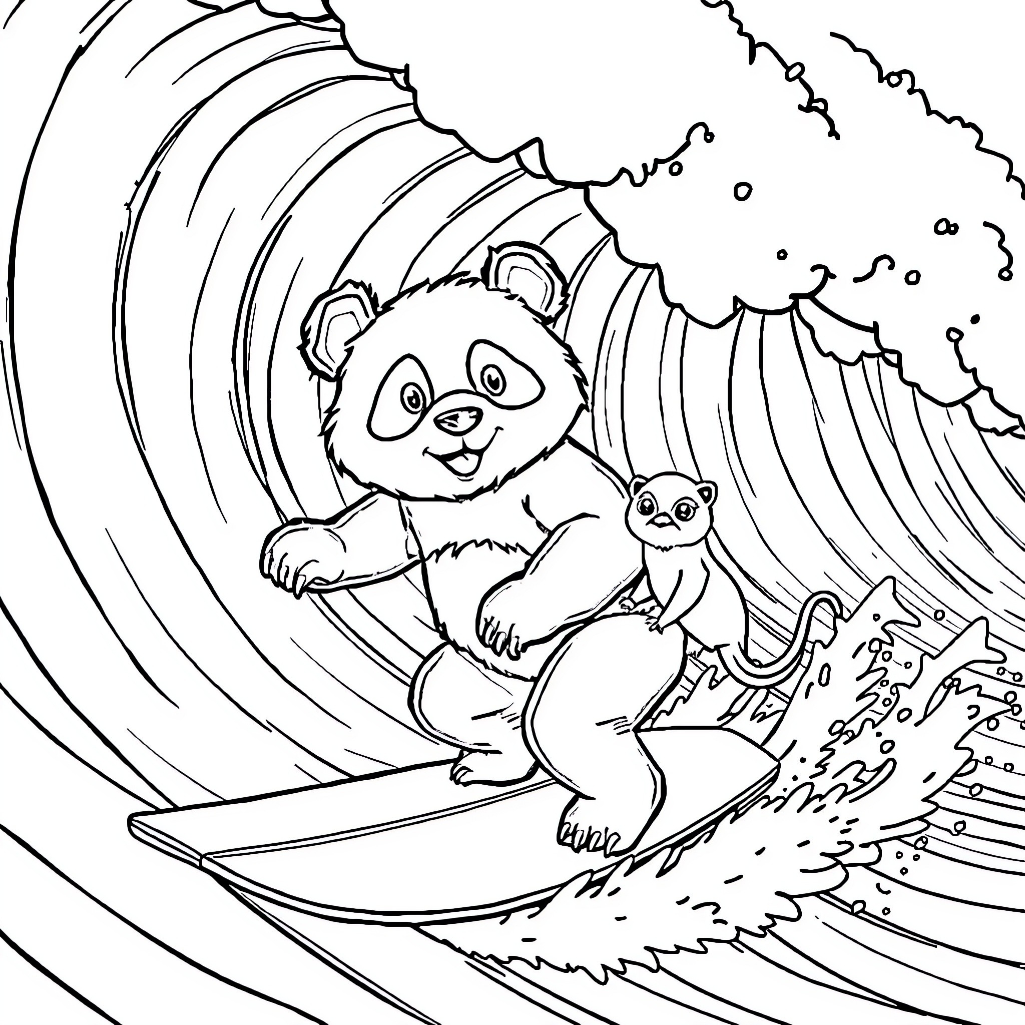 Panda surfing with friend in the waves Coloring Page (free black-and-white line drawing printable PDF for all, from beginners to advanced learners, including children, teens, adults, and seniors)