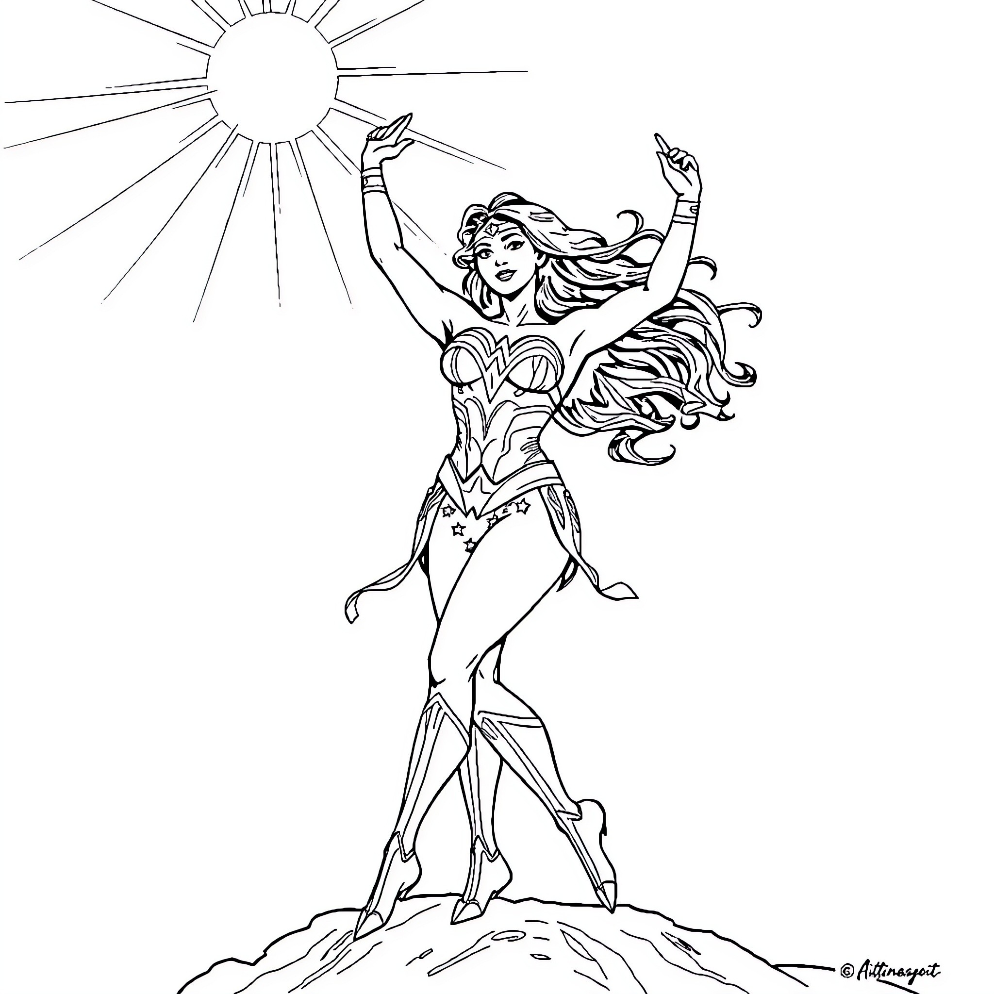 Wonder Woman triumphant pose in the sunlight Coloring Page (free black-and-white line drawing printable PDF for all, from beginners to advanced learners, including children, teens, adults, and seniors)