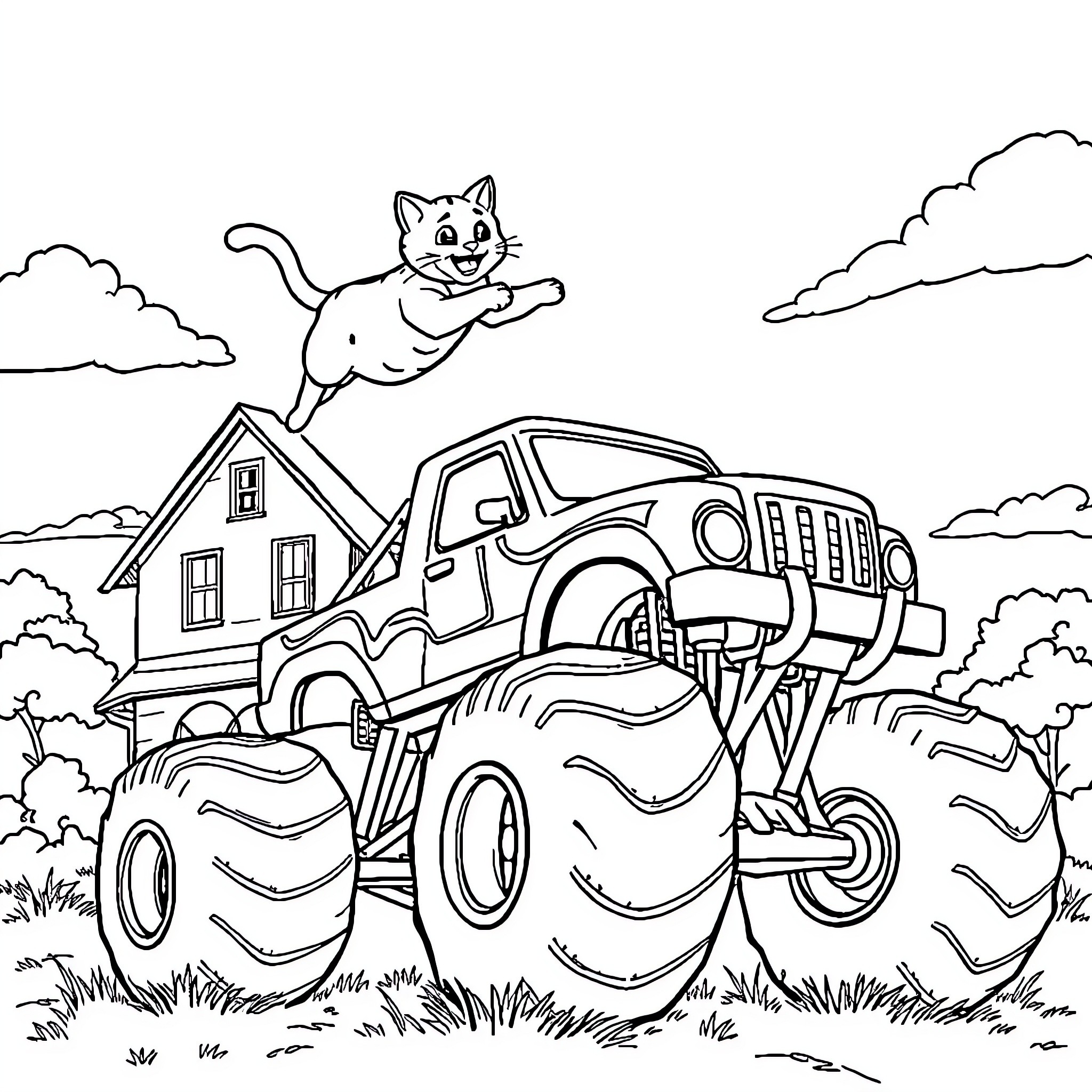 Cat chasing a monster truck in the countryside Coloring Page (free black-and-white line drawing printable PDF for all, from beginners to advanced learners, including children, teens, adults, and seniors)