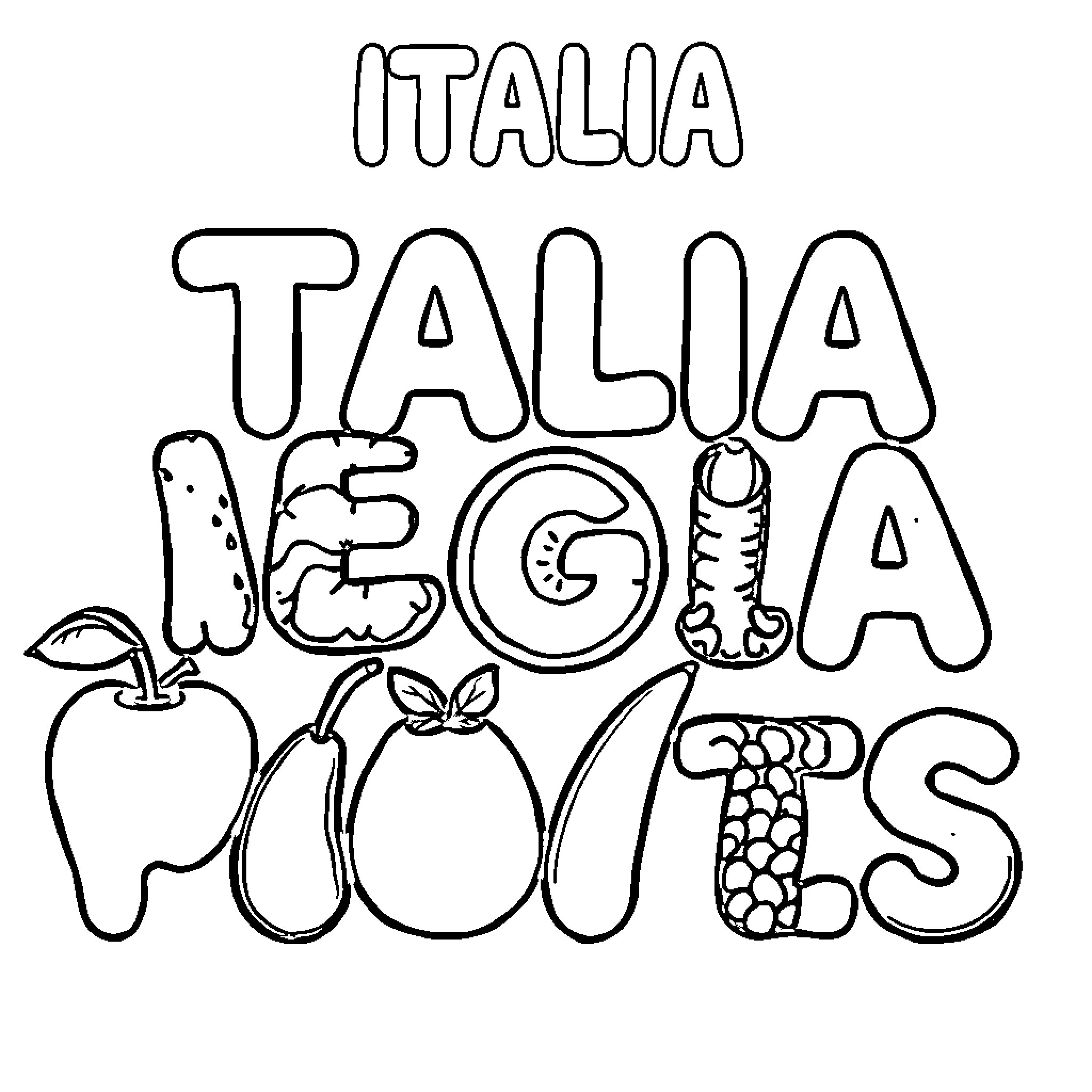 Alphabet Italy Talia Veggie Fruits Coloring Page (free black-and-white line drawing printable PDF for all, from beginners to advanced learners, including children, teens, adults, and seniors)