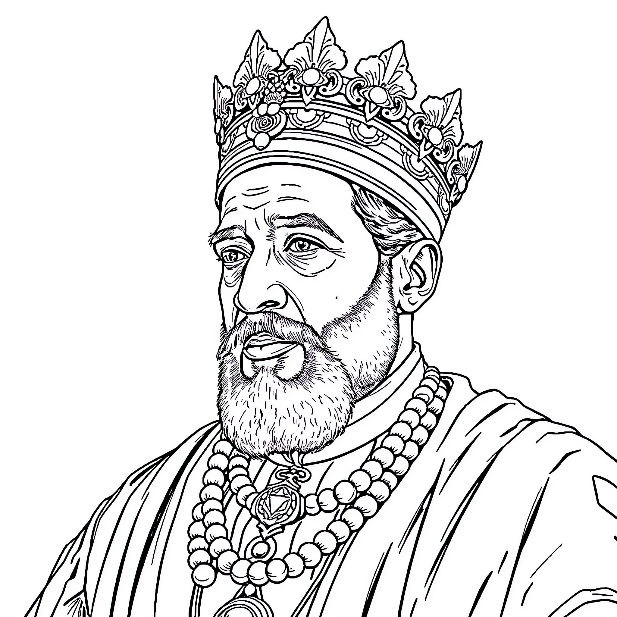 Haile Selassie in Regal Attire and Crown Coloring Page (free black-and-white line drawing printable PDF for all, from beginners to advanced learners, including children, teens, adults, and seniors)