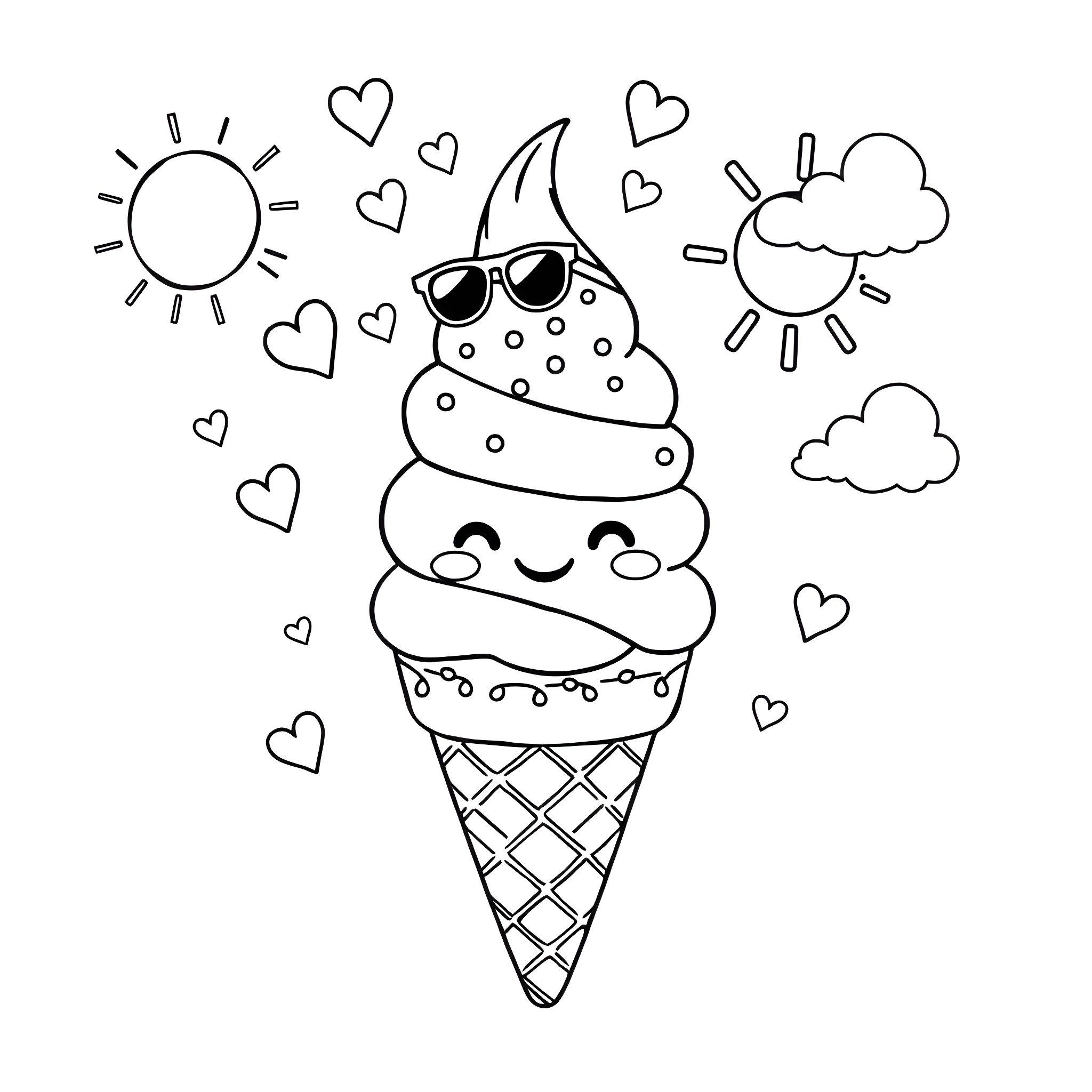 Ice Cream Cone with Cheerful Expressions and Surroundings Coloring Page (free black-and-white line drawing printable PDF for all, from beginners to advanced learners, including children, teens, adults, and seniors)