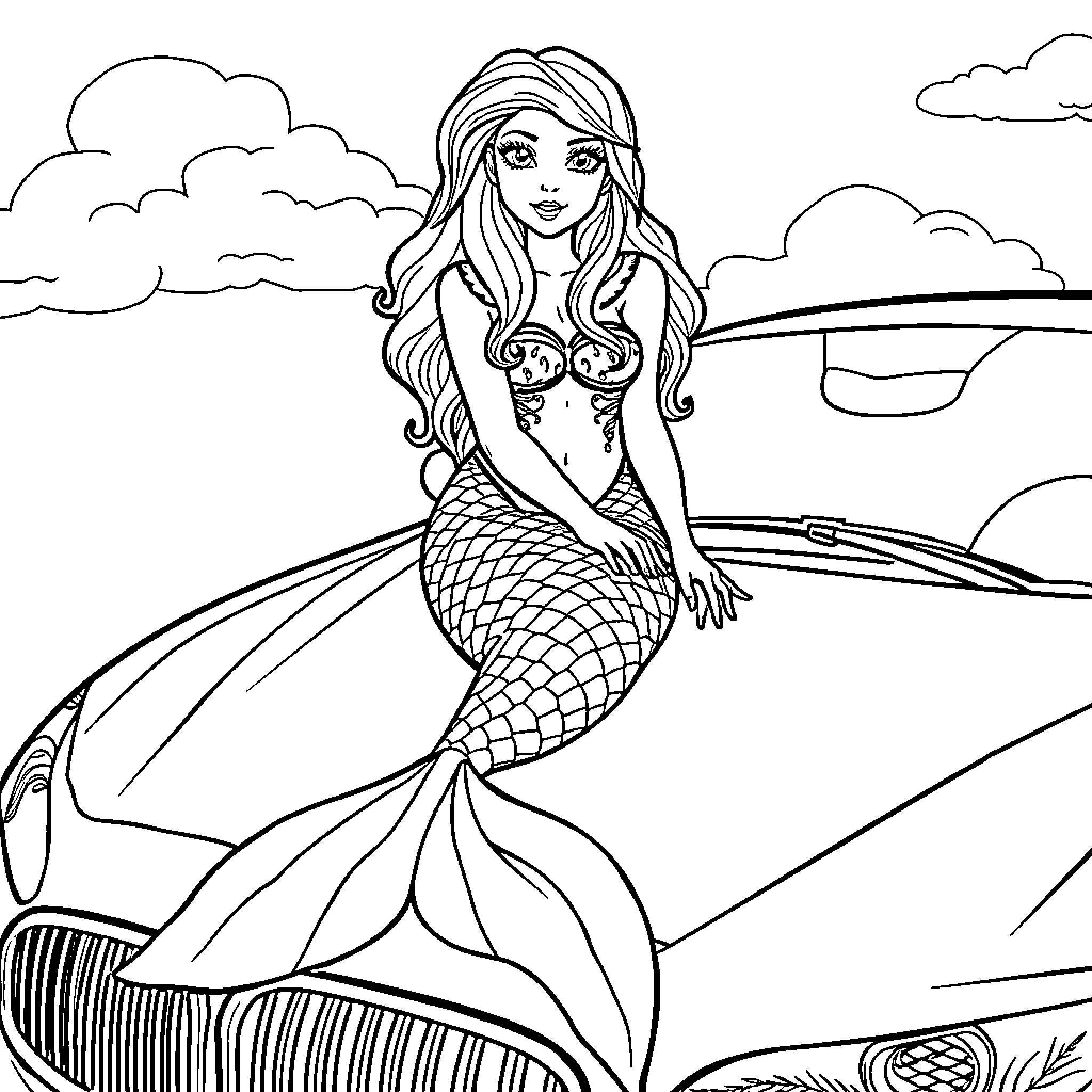 Mermaid lounging by the sea Coloring Page (free black-and-white line drawing printable PDF for all, from beginners to advanced learners, including children, teens, adults, and seniors)
