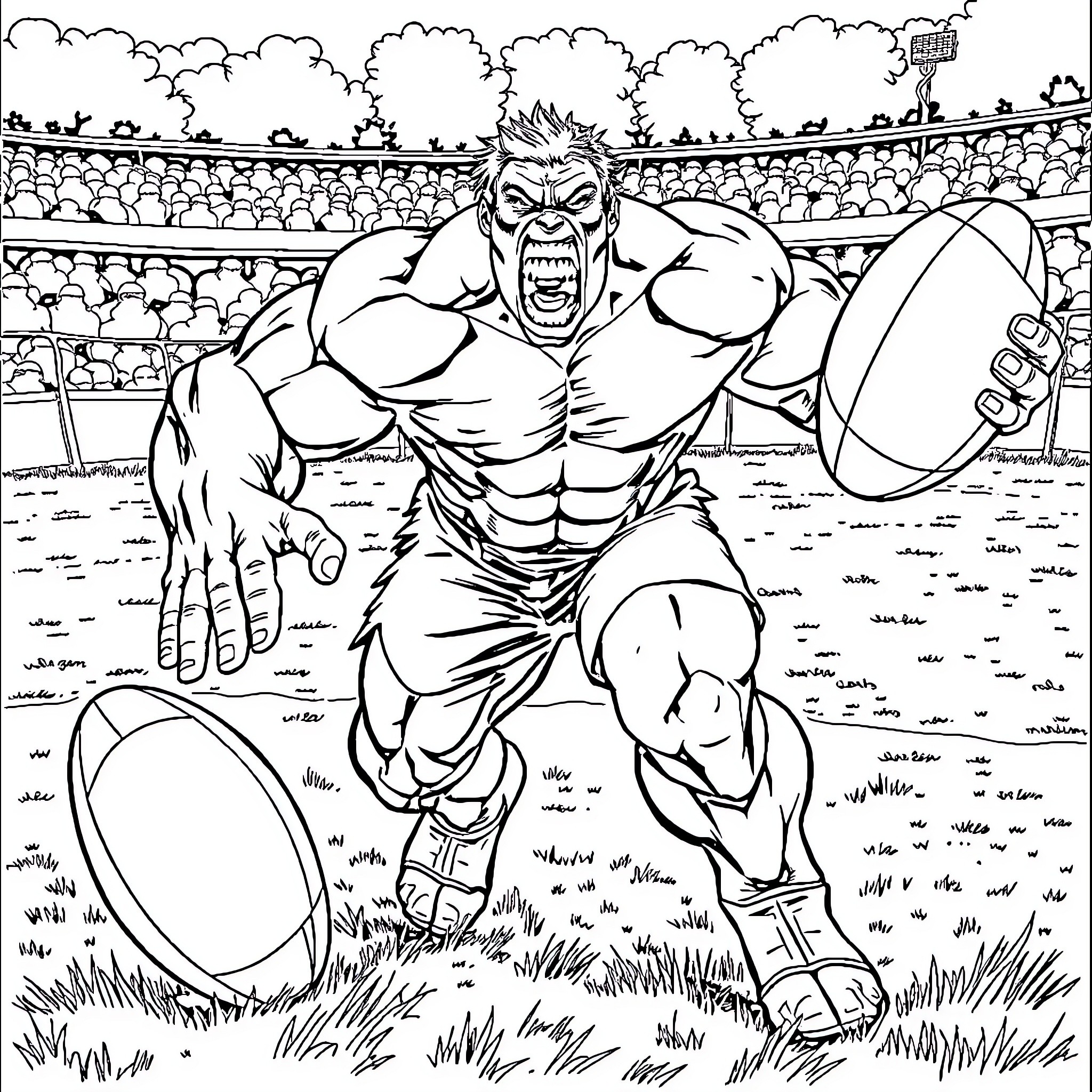 Hulk Roaring on the Football Field Coloring Page (free black-and-white line drawing printable PDF for all, from beginners to advanced learners, including children, teens, adults, and seniors)
