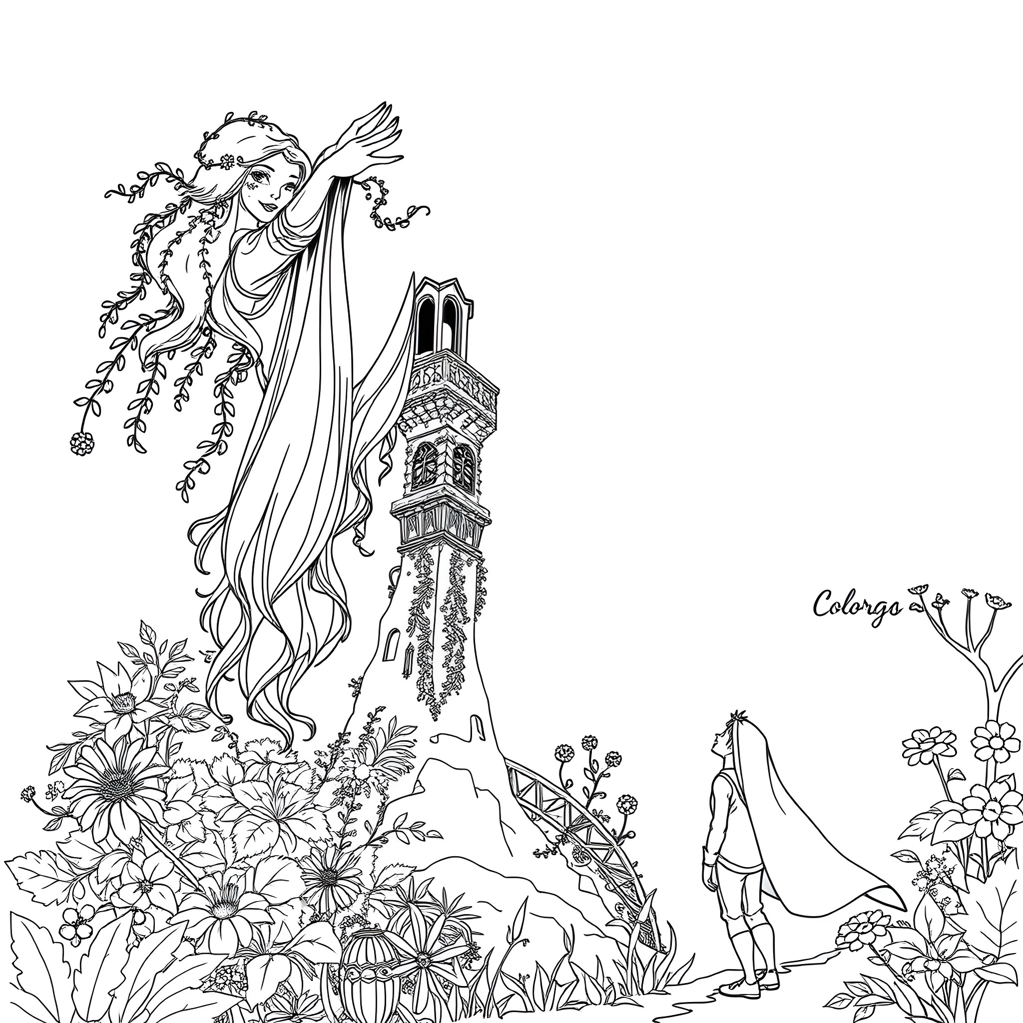 Rapunzel gazing at the castle tower surrounded by flowers Coloring Page (free black-and-white line drawing printable PDF for all, from beginners to advanced learners, including children, teens, adults, and seniors)