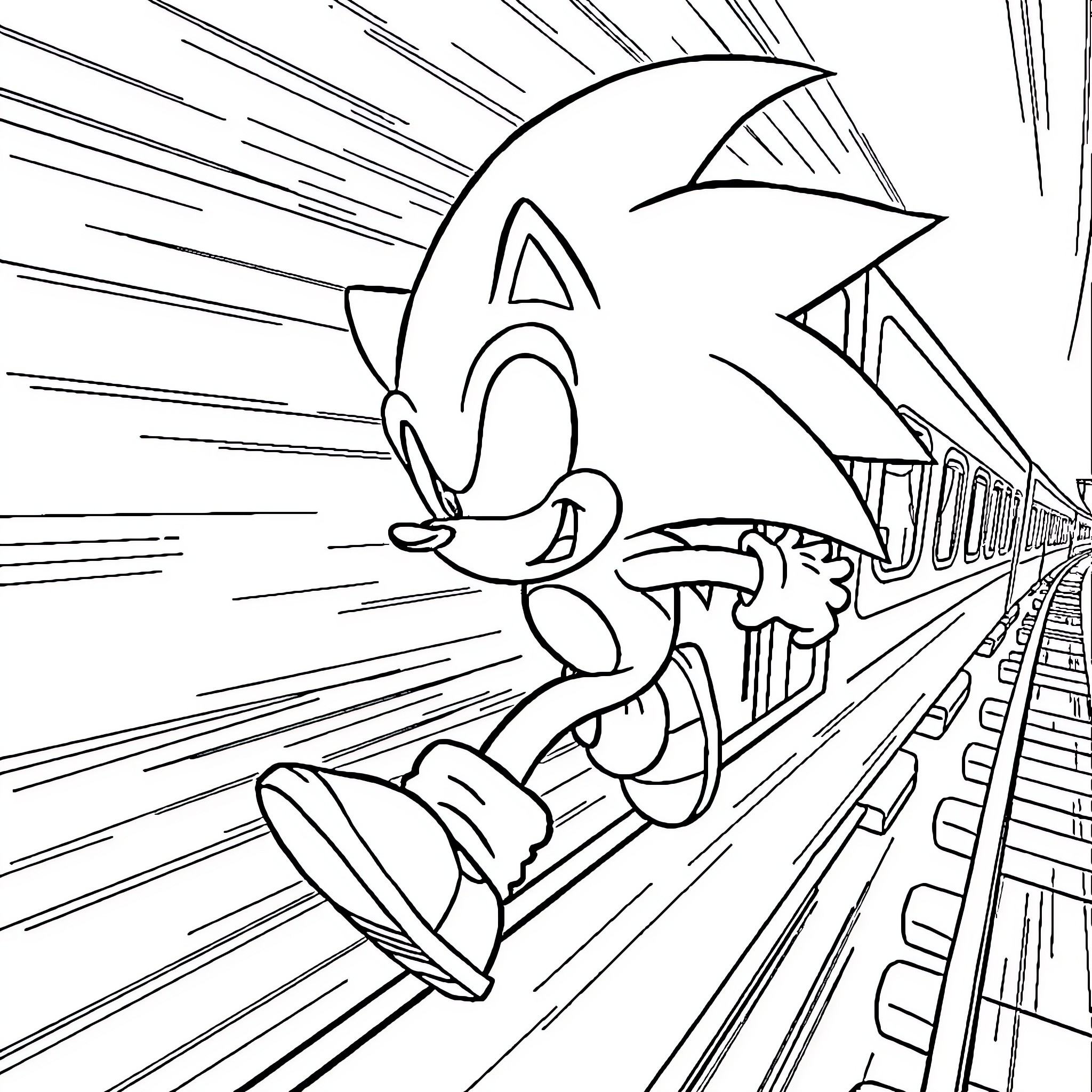Sonic dashing through a speeding train tunnel Coloring Page (free black-and-white line drawing printable PDF for all, from beginners to advanced learners, including children, teens, adults, and seniors)