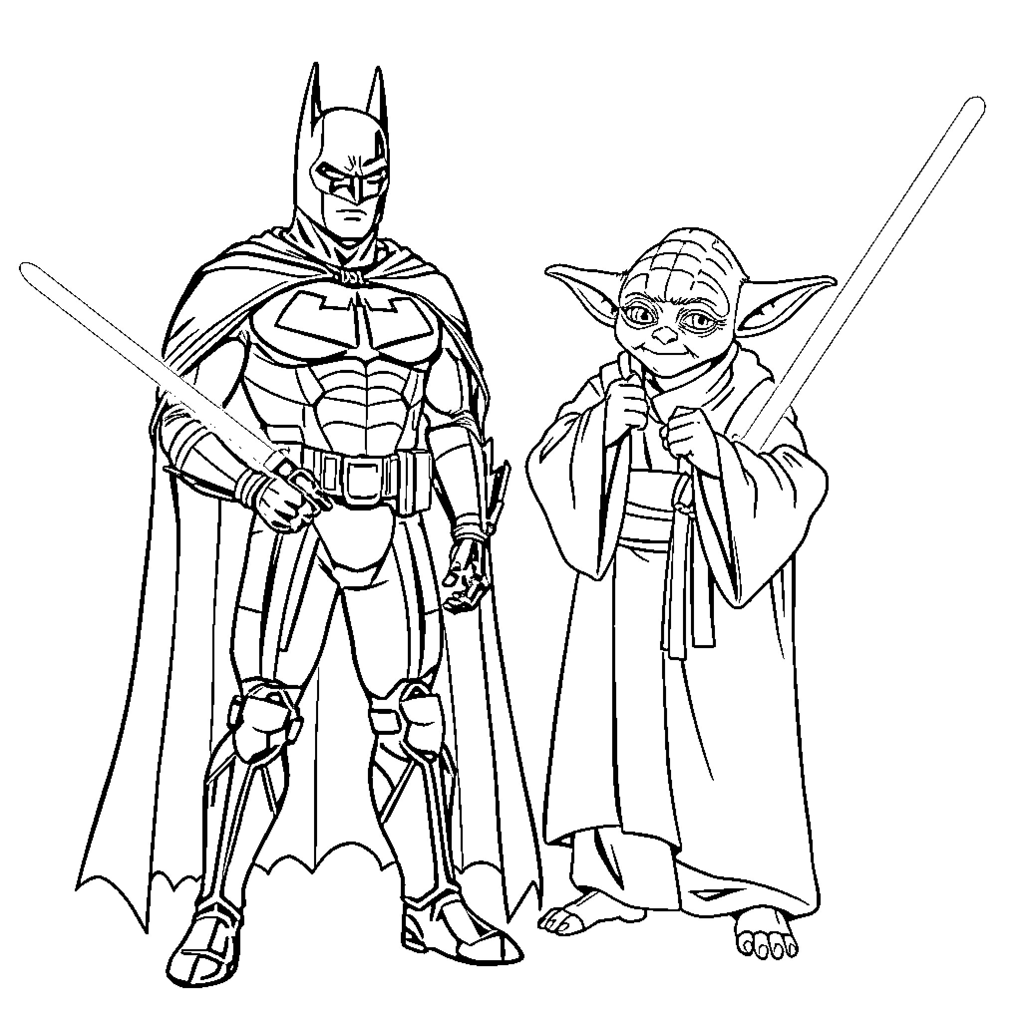 Batman and Yoda Team Up for an Epic Adventure Coloring Page (free black-and-white line drawing printable PDF for all, from beginners to advanced learners, including children, teens, adults, and seniors)