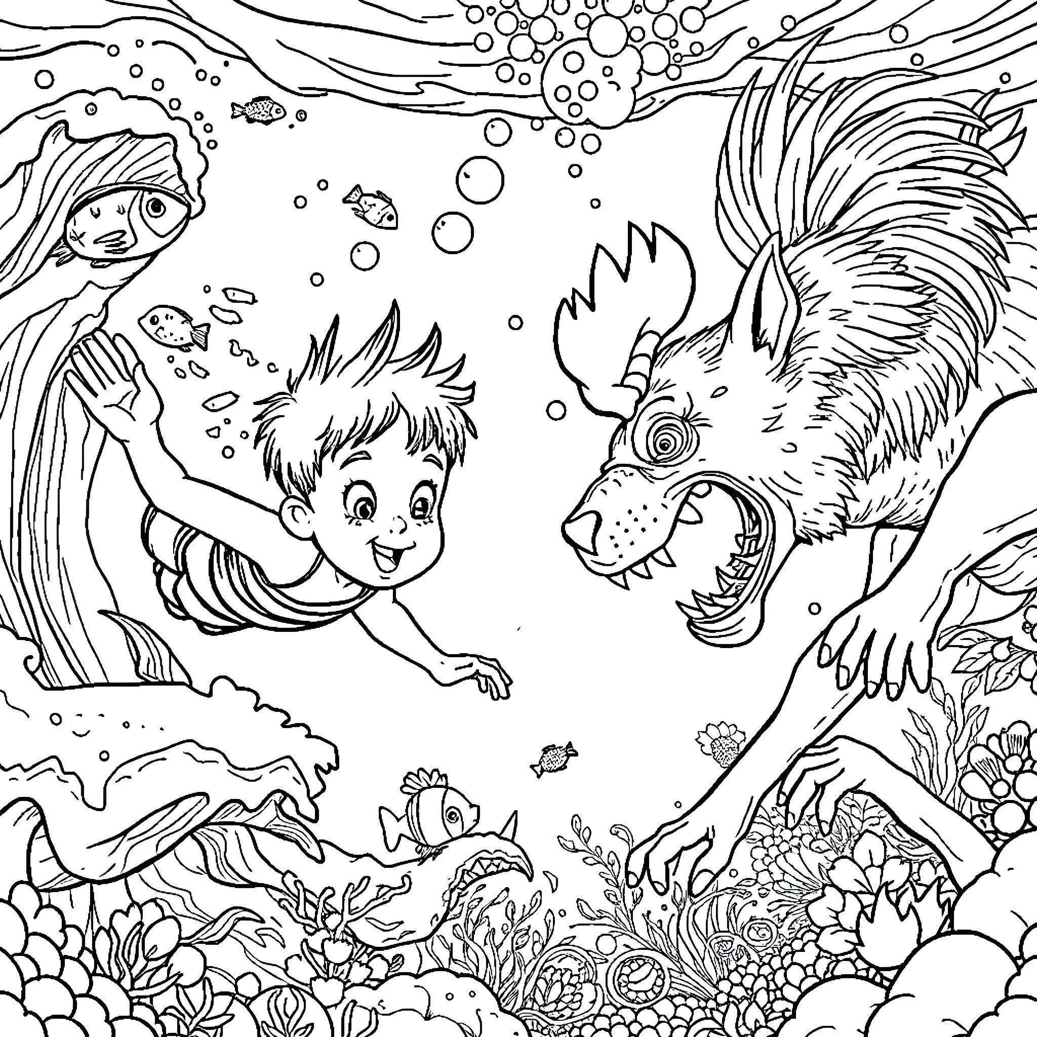 Boy swimming with friendly sea creatures Coloring Page (free black-and-white line drawing printable PDF for all, from beginners to advanced learners, including children, teens, adults, and seniors)