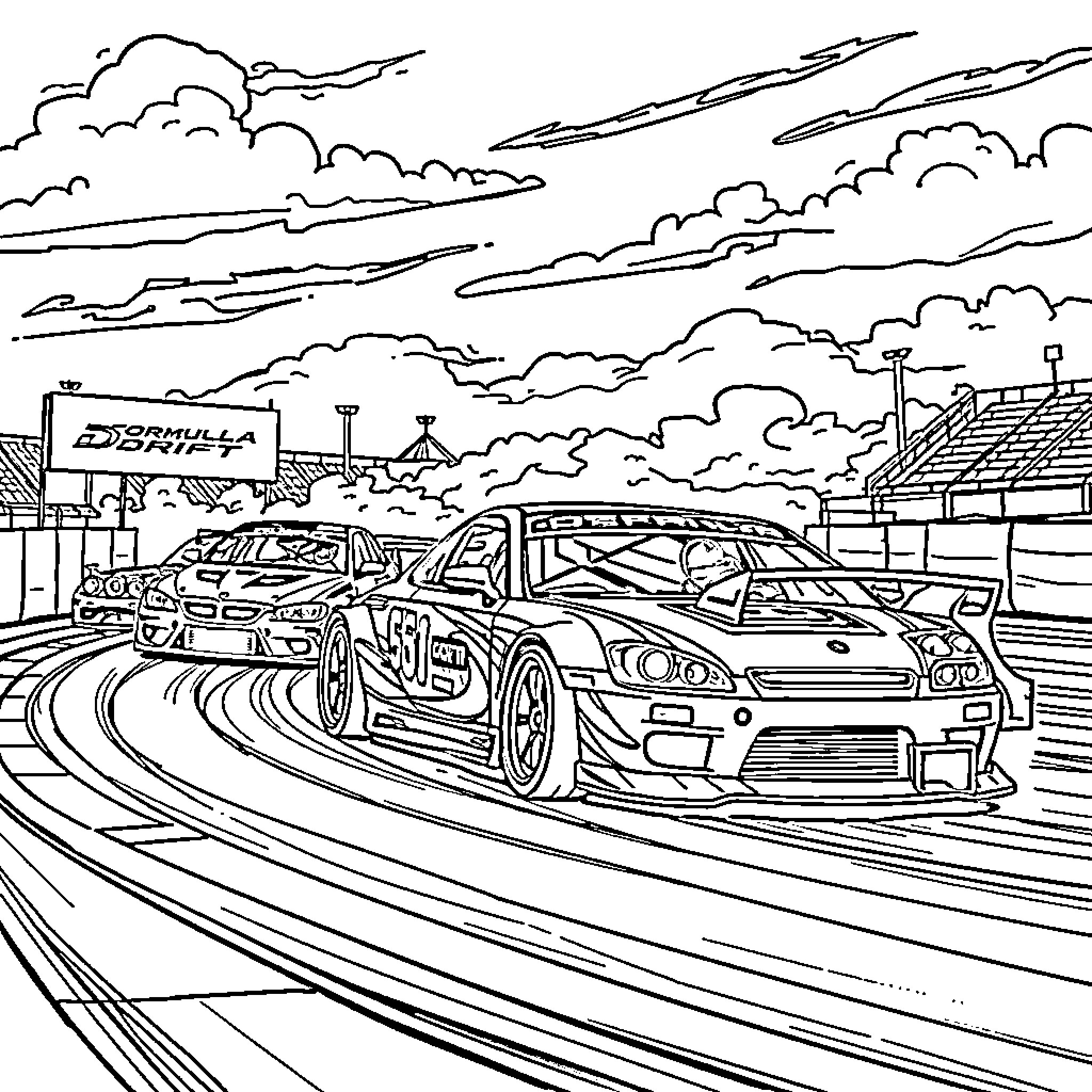 Drift Car Racing on Stormy Track Coloring Page (free black-and-white line drawing printable PDF for all, from beginners to advanced learners, including children, teens, adults, and seniors)