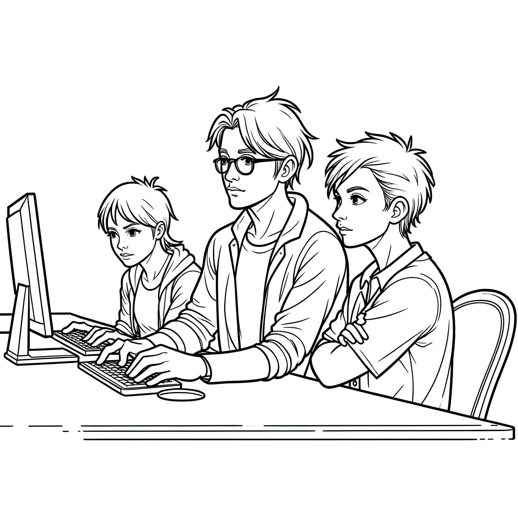 Halt and Catch Fire: Tech Minds at Work Coloring Page (free black-and-white line drawing printable PDF for all, from beginners to advanced learners, including children, teens, adults, and seniors)