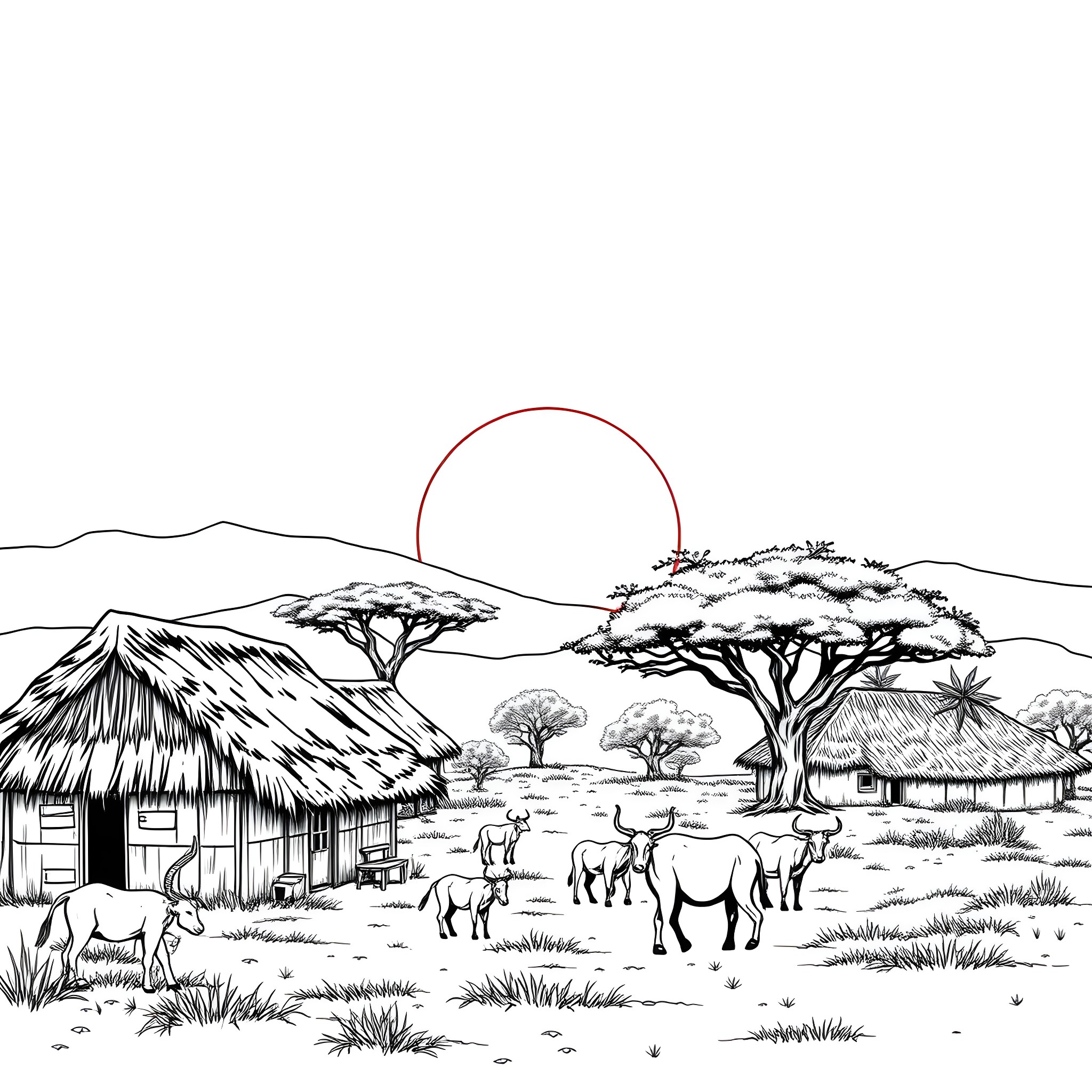 Sun setting over African village and wildlife Coloring Page (free black-and-white line drawing printable PDF for all, from beginners to advanced learners, including children, teens, adults, and seniors)