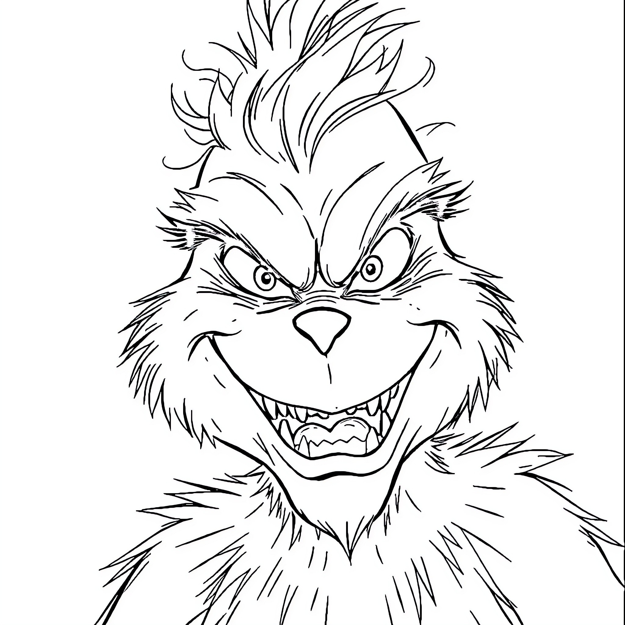 Grinch's Mischievous Grin Coloring Page (free black-and-white line drawing printable PDF for all, from beginners to advanced learners, including children, teens, adults, and seniors)