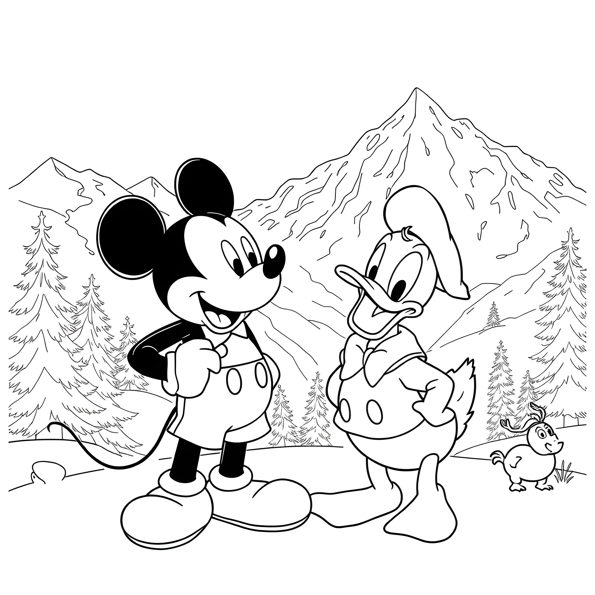Mickey Mouse and Friends Enjoying Winter Adventure Coloring Page (free black-and-white line drawing printable PDF for all, from beginners to advanced learners, including children, teens, adults, and seniors)