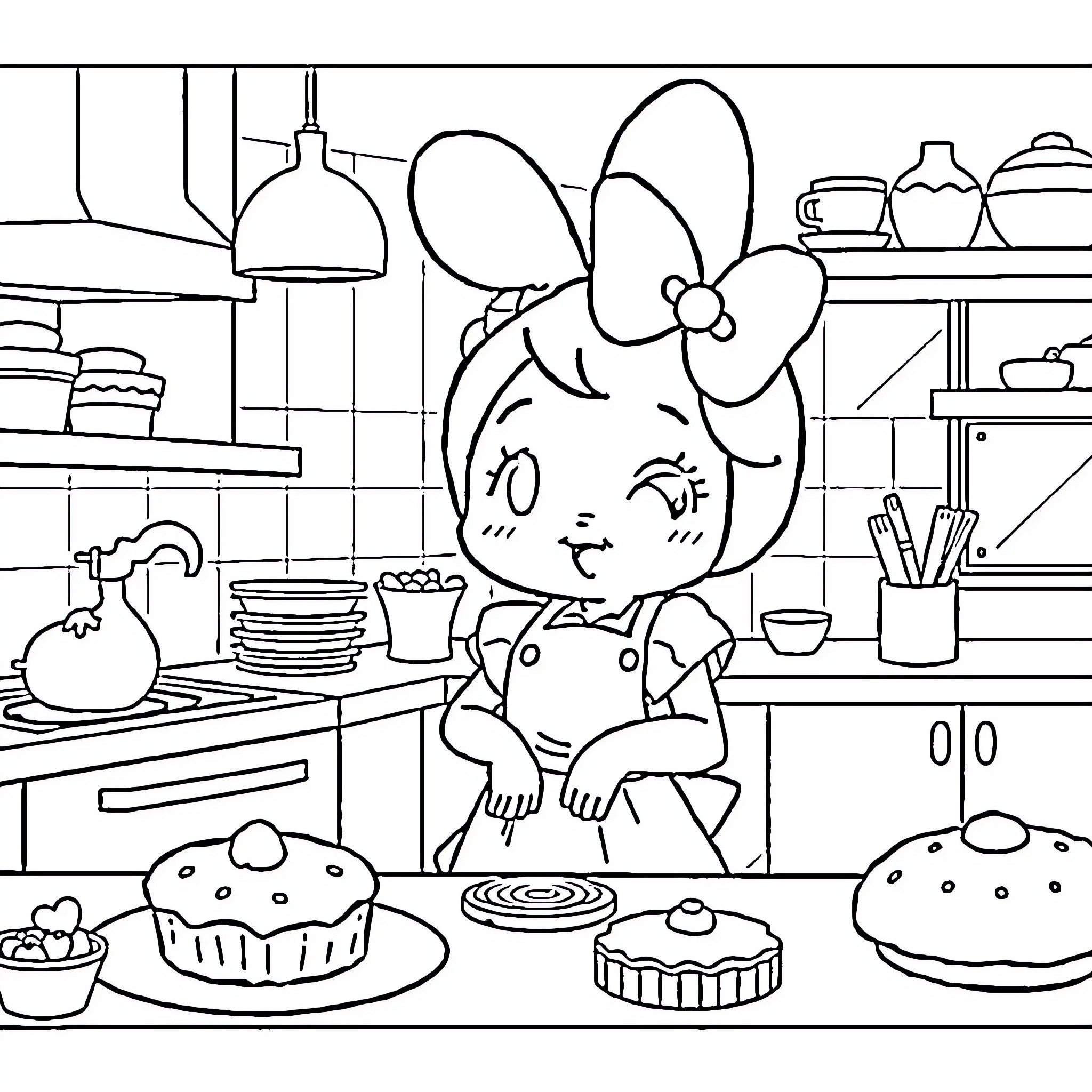 My Melody Baking Treats in the Kitchen Coloring Page (free black-and-white line drawing printable PDF for all, from beginners to advanced learners, including children, teens, adults, and seniors)
