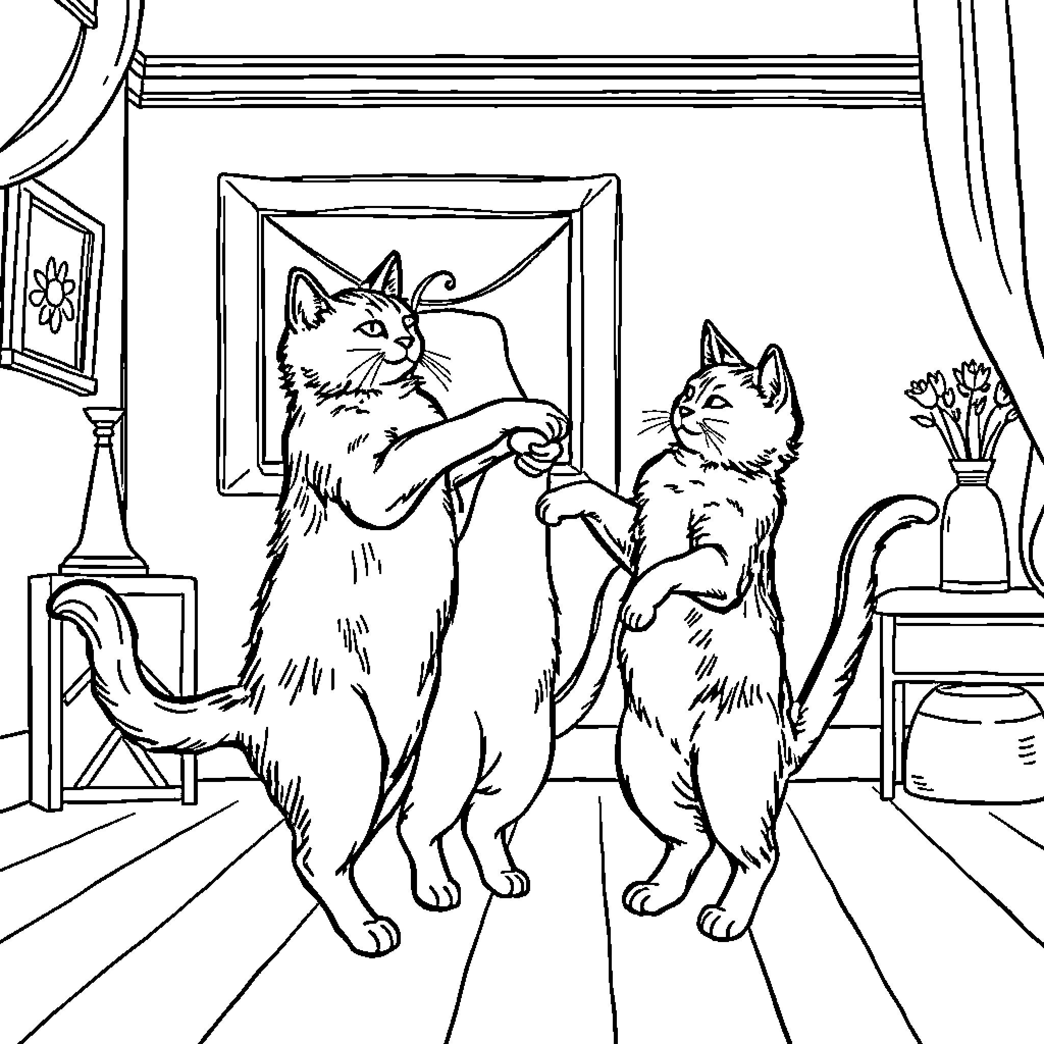 Cats Playing Dress-Up in Interior Scene Coloring Page (free black-and-white line drawing printable PDF for all, from beginners to advanced learners, including children, teens, adults, and seniors)
