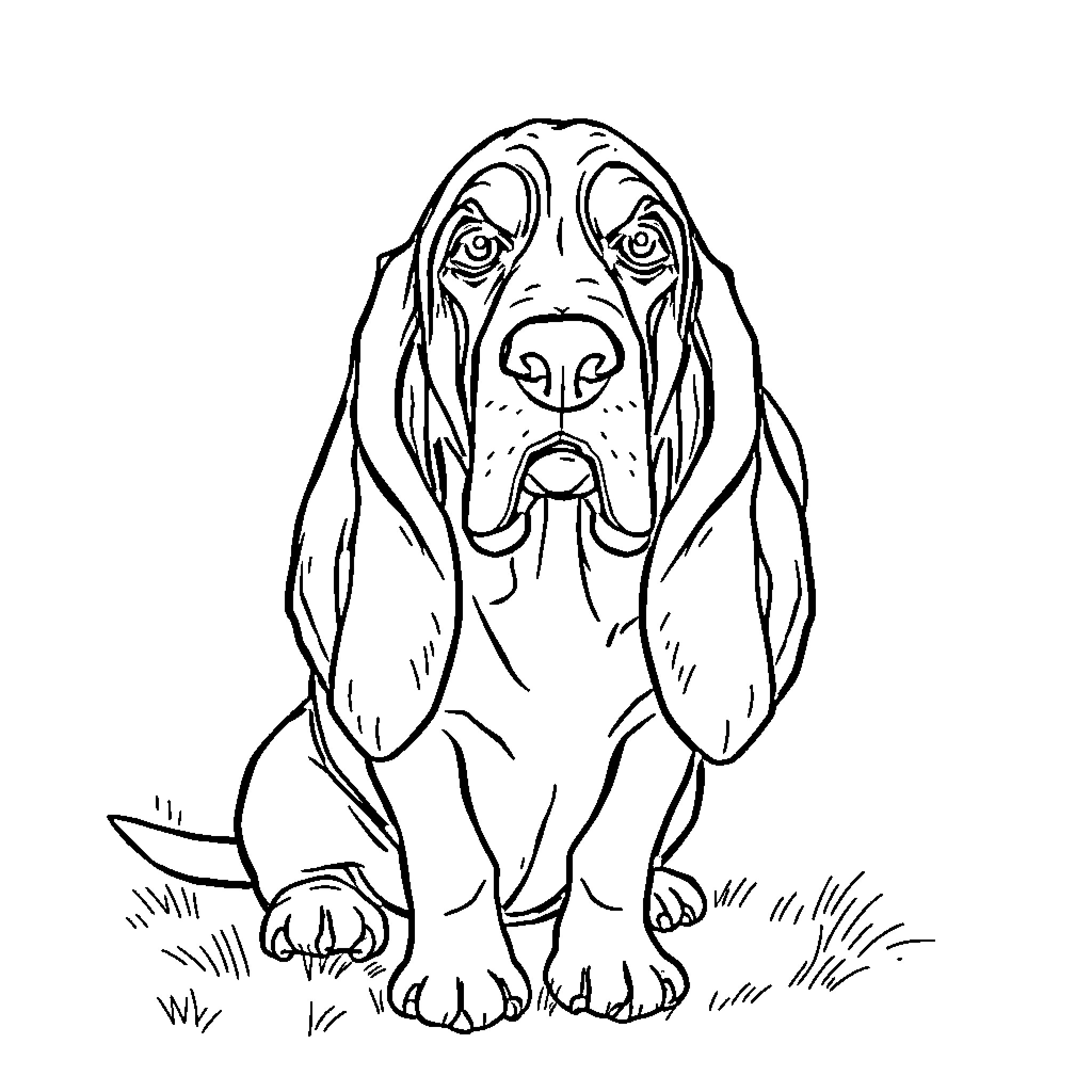Basset Hound sitting patiently on grass Coloring Page (free black-and-white line drawing printable PDF for all, from beginners to advanced learners, including children, teens, adults, and seniors)