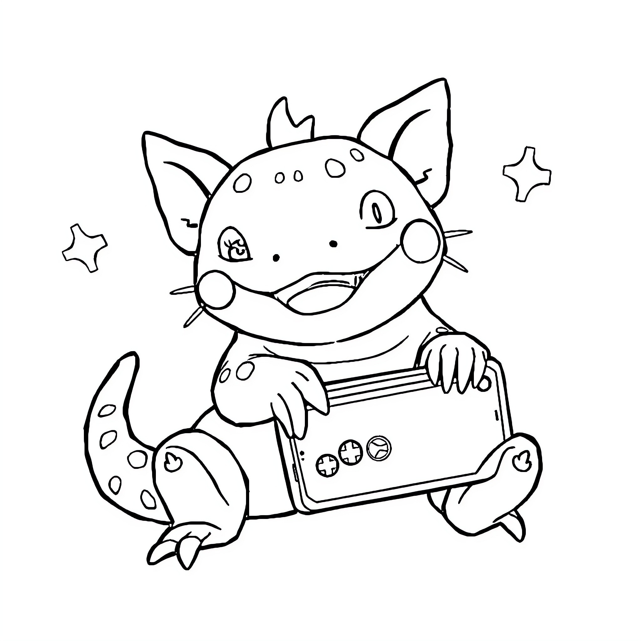 Axolotl playing video games with joy Coloring Page (free black-and-white line drawing printable PDF for all, from beginners to advanced learners, including children, teens, adults, and seniors)