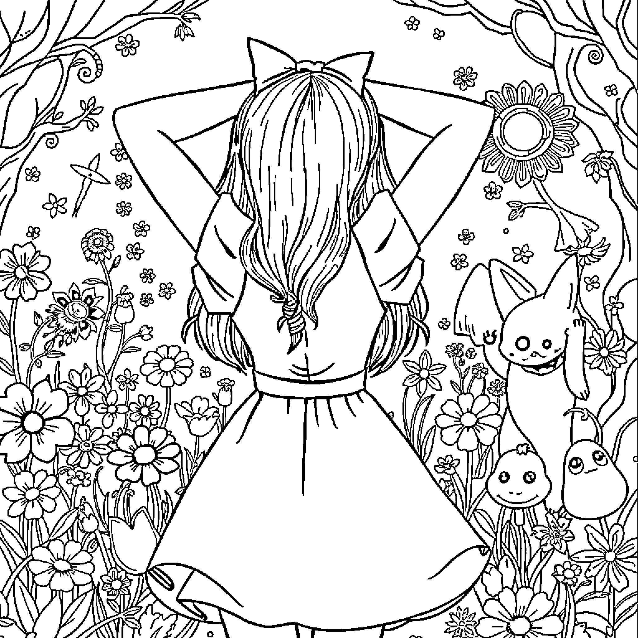 Alice's Enchanting Garden Adventure Coloring Page (free black-and-white line drawing printable PDF for all, from beginners to advanced learners, including children, teens, adults, and seniors)