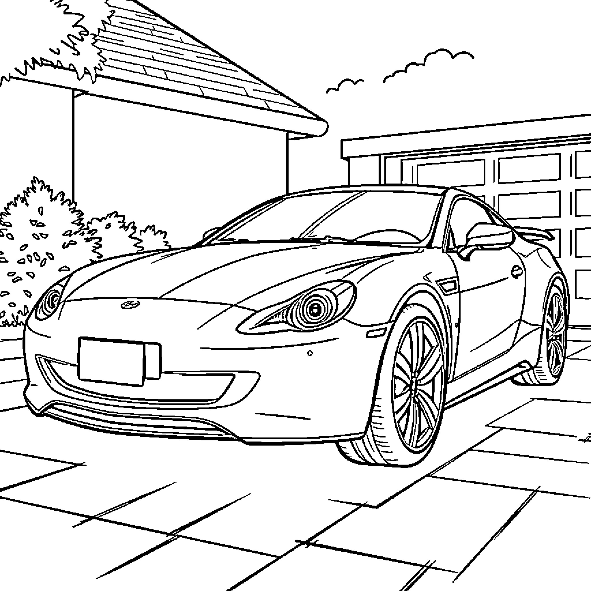 Car parked in front of garage Coloring Page (free black-and-white line drawing printable PDF for all, from beginners to advanced learners, including children, teens, adults, and seniors)