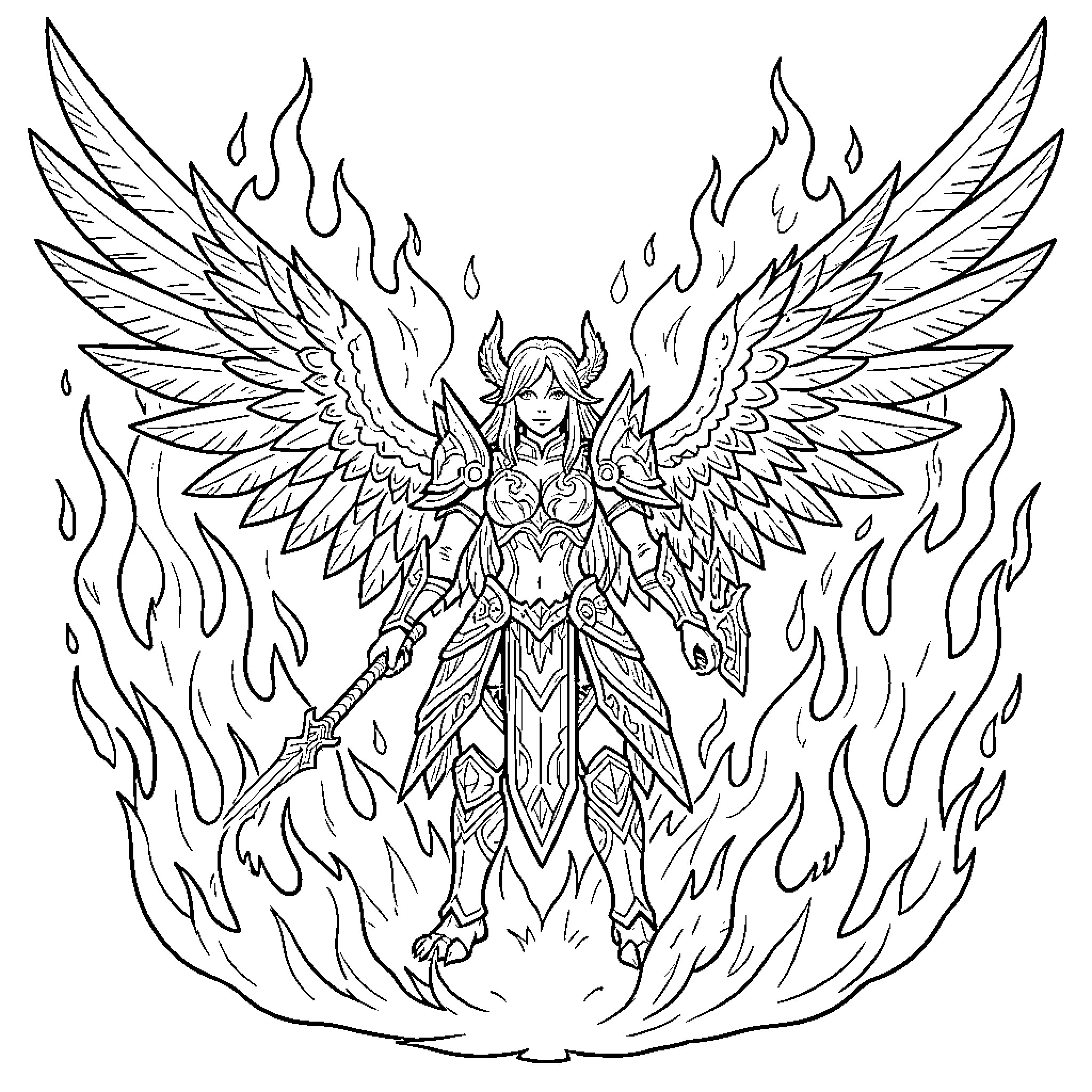 Lunastra wielding fiery wings in battle Coloring Page (free black-and-white line drawing printable PDF for all, from beginners to advanced learners, including children, teens, adults, and seniors)