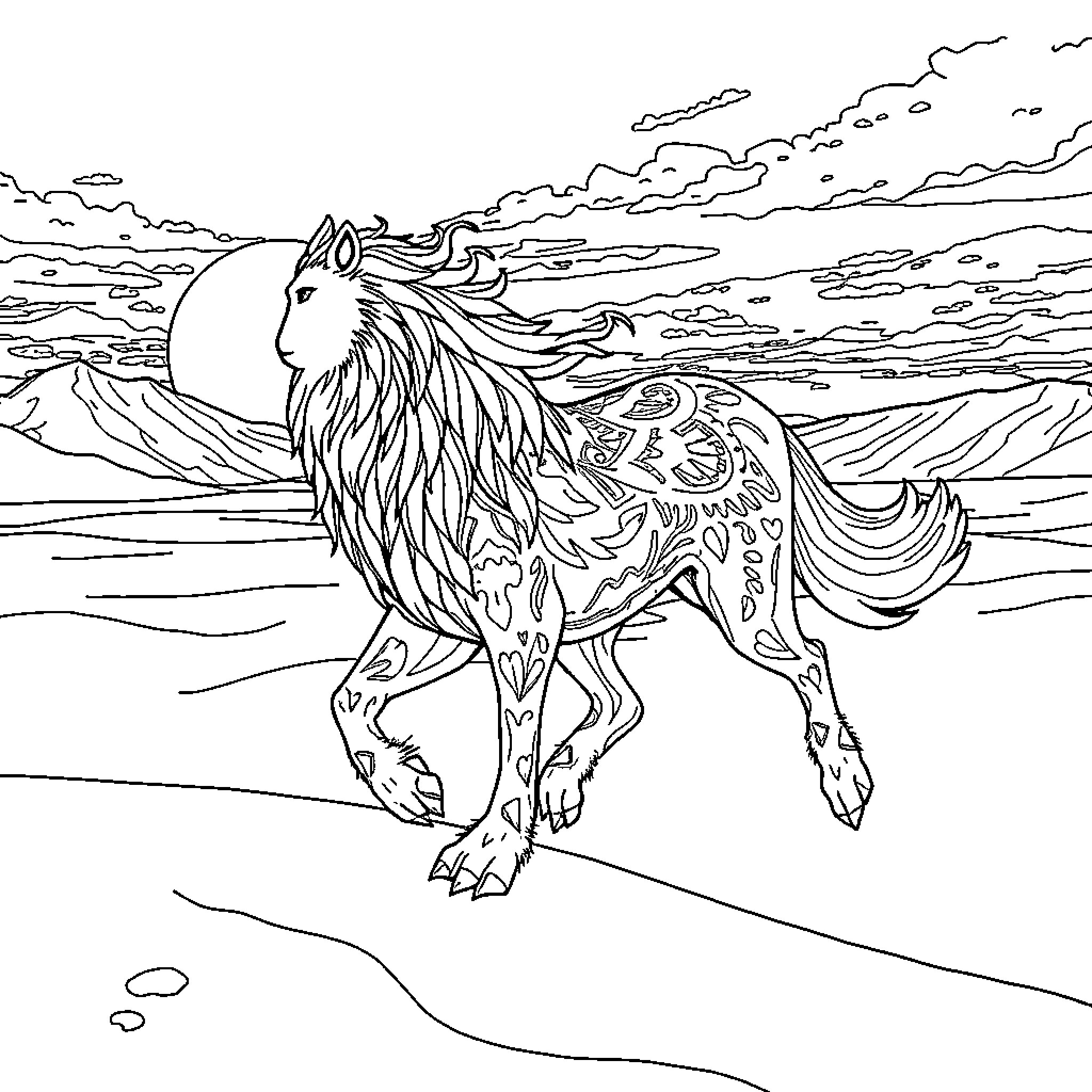Loro Majestic Horse Galloping in the Landscape Coloring Page (free black-and-white line drawing printable PDF for all, from beginners to advanced learners, including children, teens, adults, and seniors)