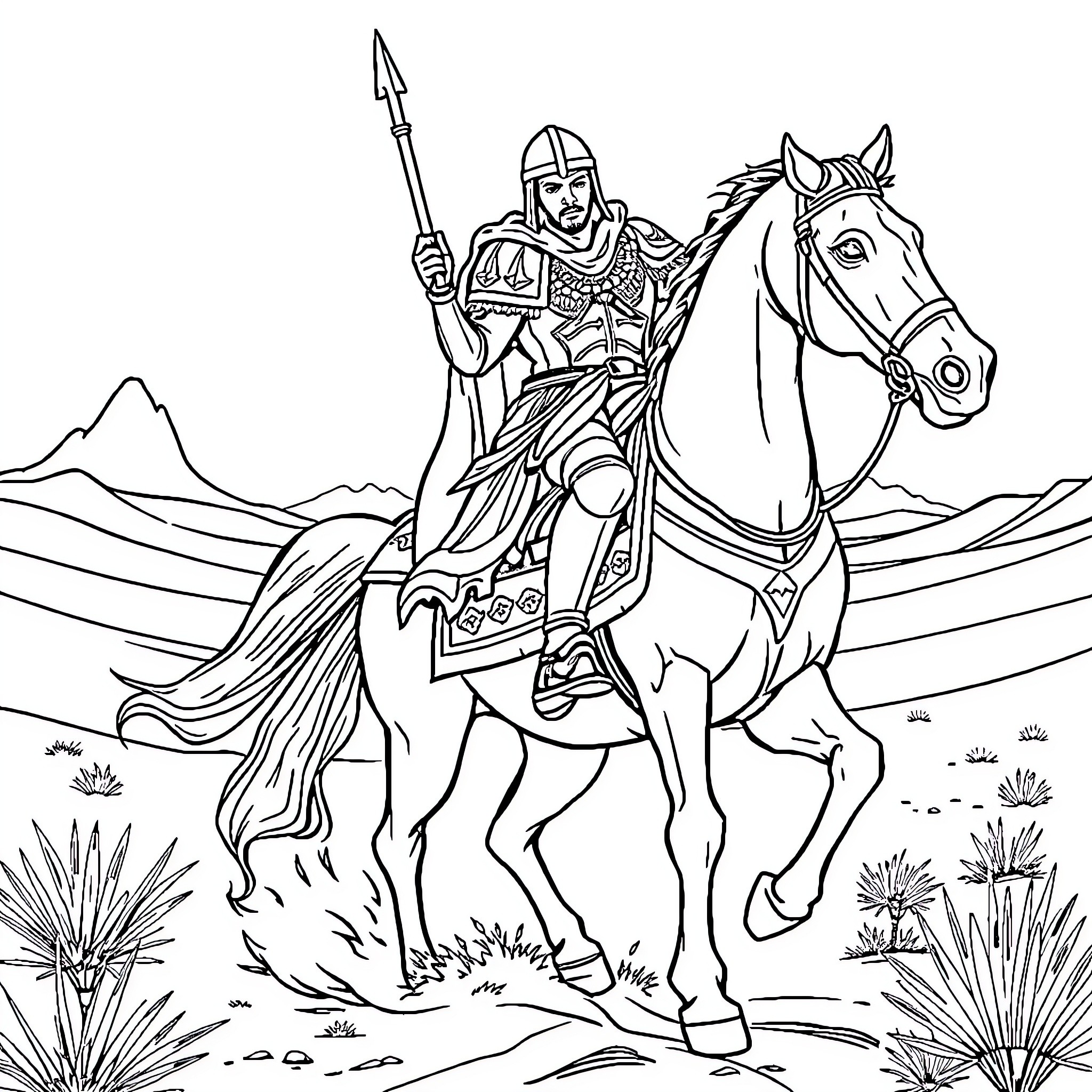 Knight on Horseback in Valiant Pose Coloring Page (free black-and-white line drawing printable PDF for all, from beginners to advanced learners, including children, teens, adults, and seniors)