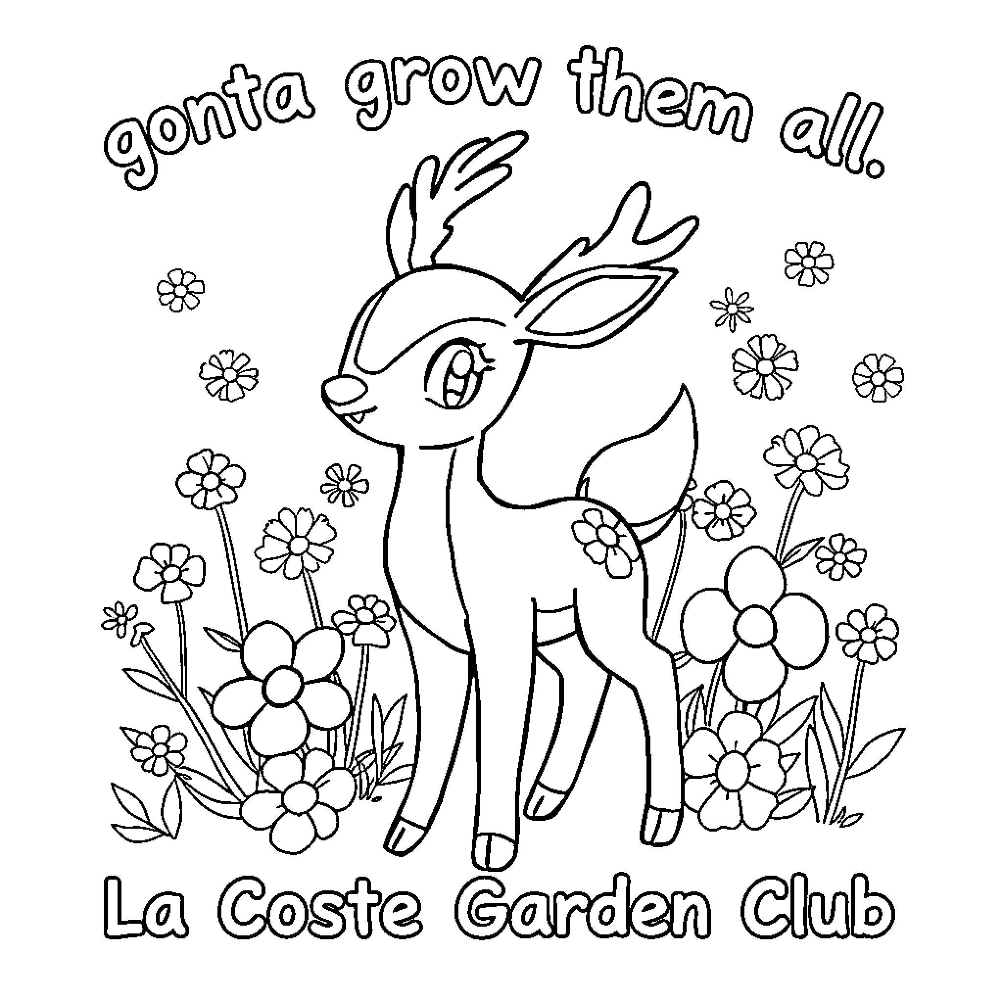 Deerling growing amongst flowers in a garden Coloring Page (free black-and-white line drawing printable PDF for all, from beginners to advanced learners, including children, teens, adults, and seniors)