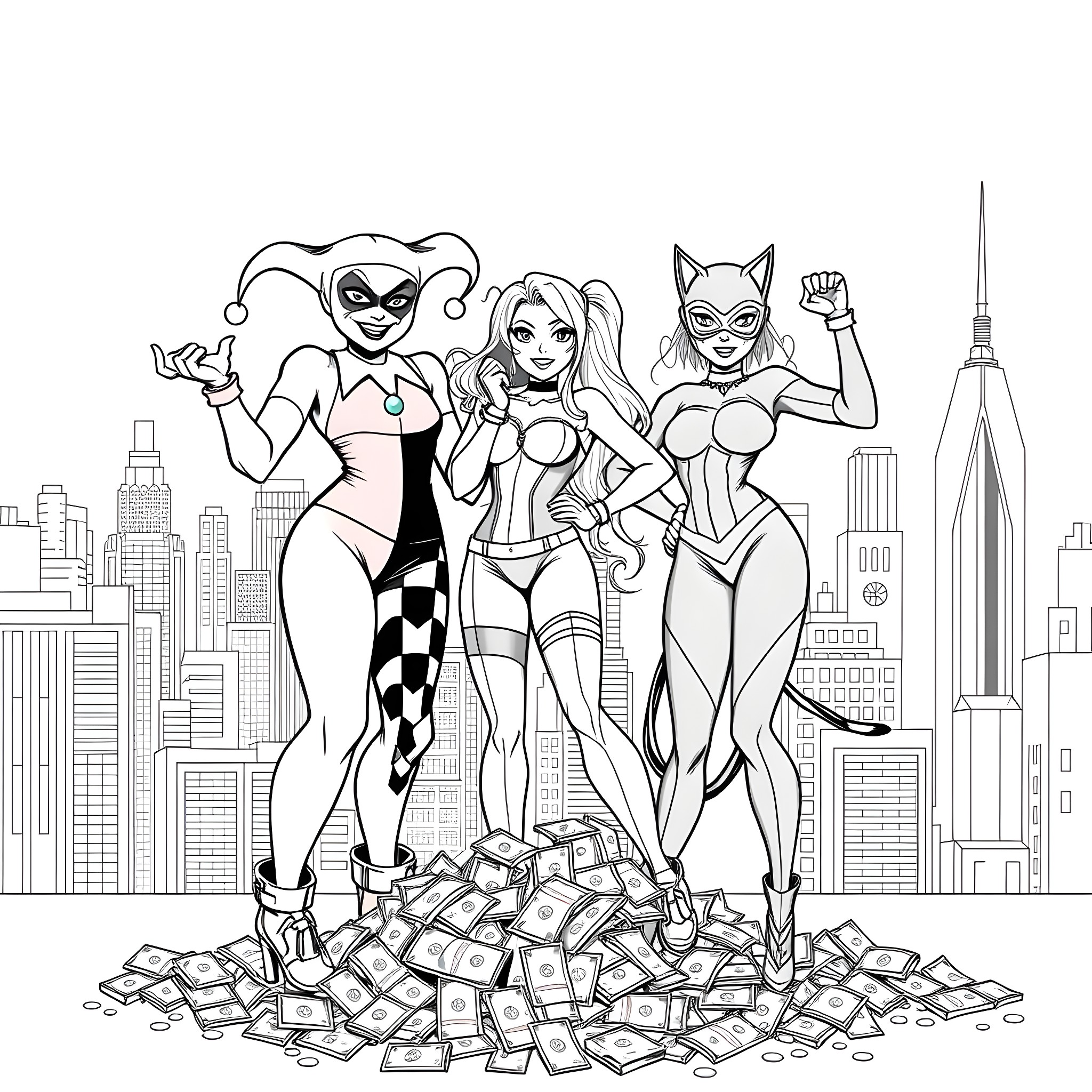 Harley Quinn and Friends in Empowered Action Coloring Page (free black-and-white line drawing printable PDF for all, from beginners to advanced learners, including children, teens, adults, and seniors)