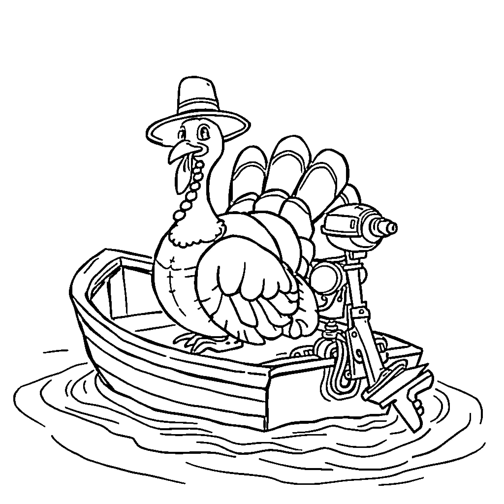 Turkey boat sailing with camera on the water Coloring Page (free black-and-white line drawing printable PDF for all, from beginners to advanced learners, including children, teens, adults, and seniors)