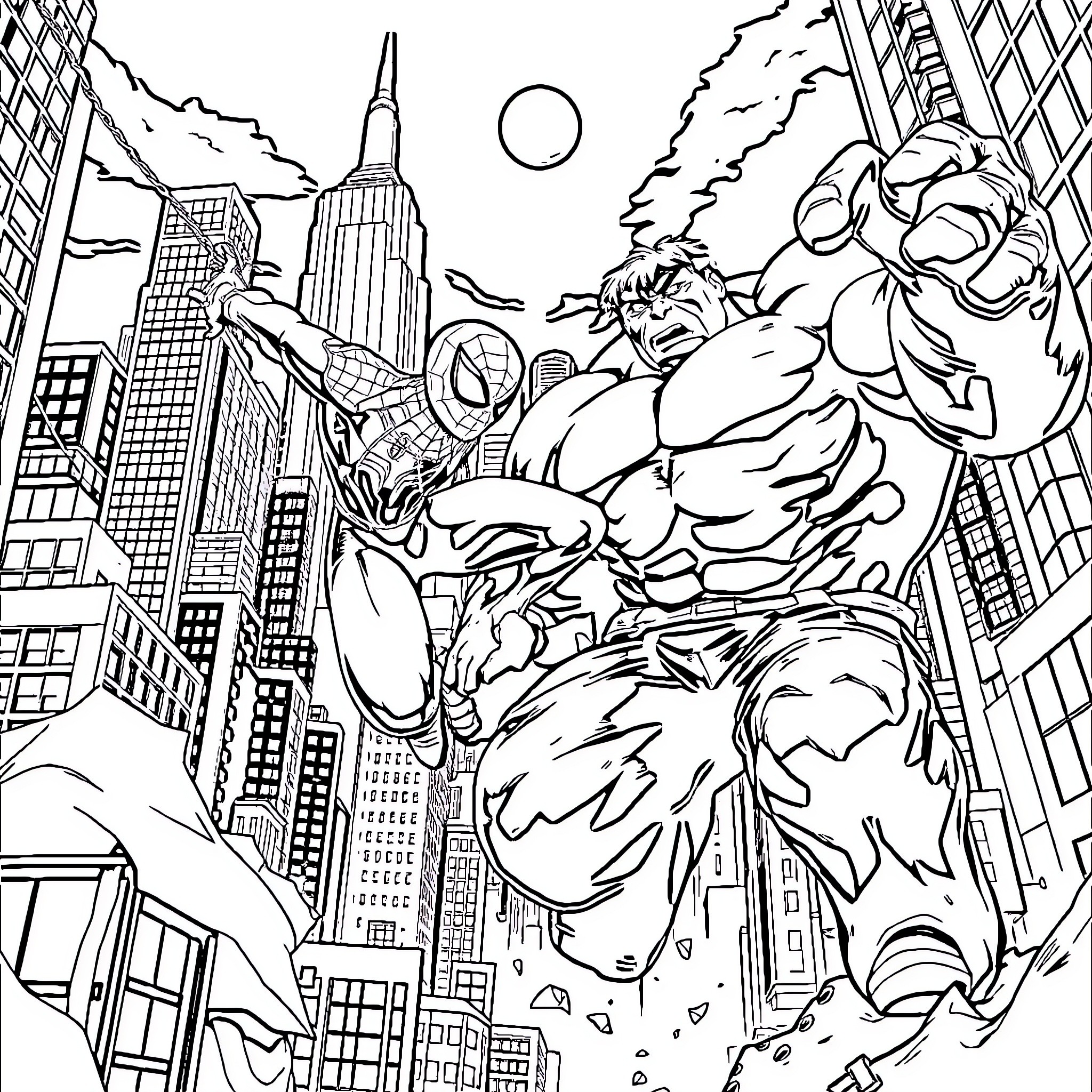 Hombre Araña battles formidable foe in city skyline Coloring Page (free black-and-white line drawing printable PDF for all, from beginners to advanced learners, including children, teens, adults, and seniors)