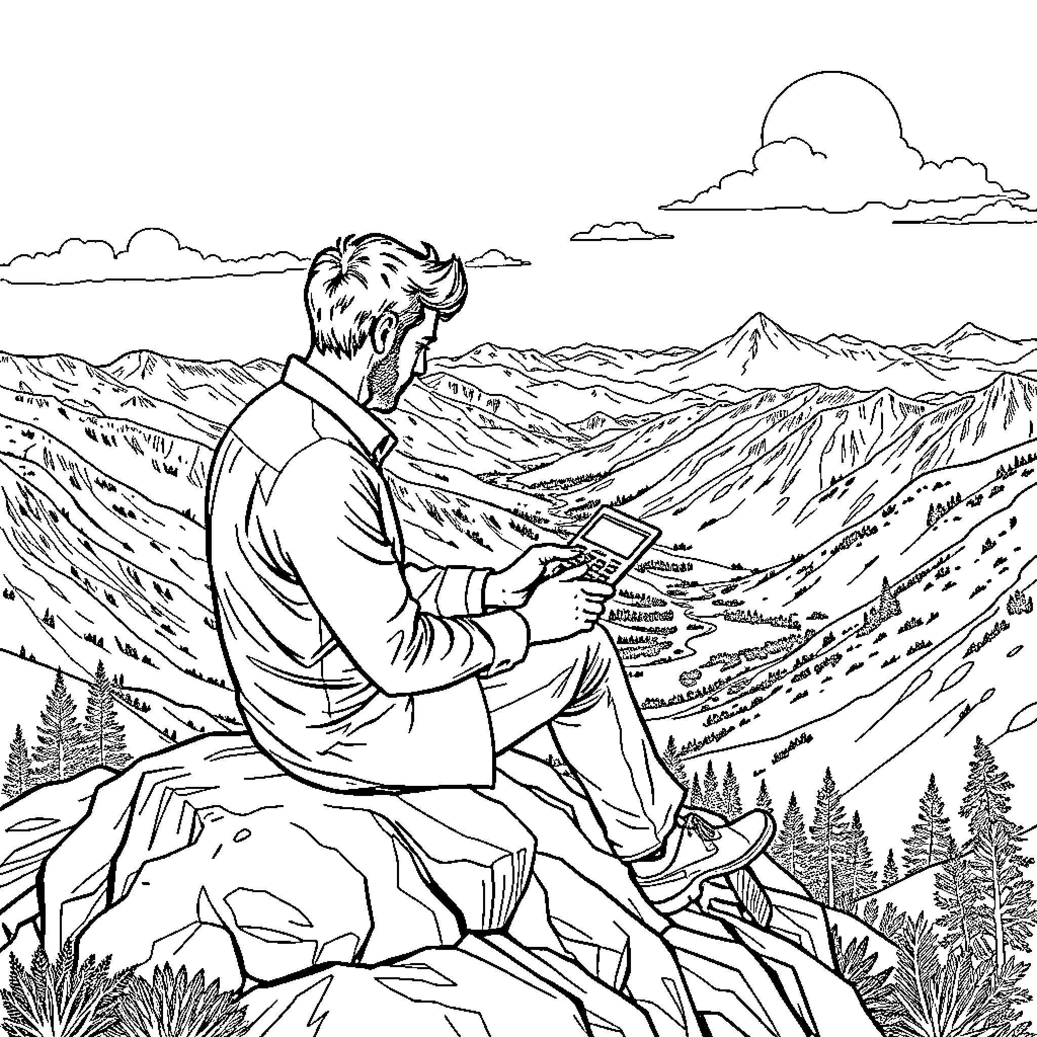 Accountant Contemplating Nature's Grandeur Coloring Page (free black-and-white line drawing printable PDF for all, from beginners to advanced learners, including children, teens, adults, and seniors)