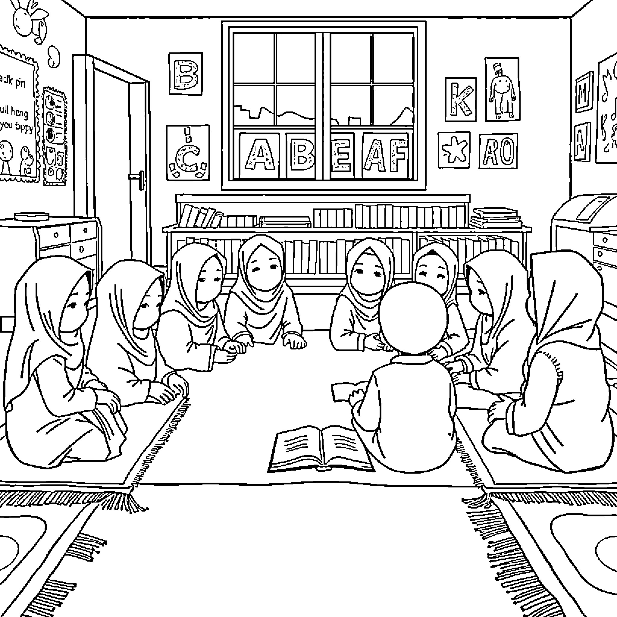 Children learning together in the classroom Coloring Page (free black-and-white line drawing printable PDF for all, from beginners to advanced learners, including children, teens, adults, and seniors)