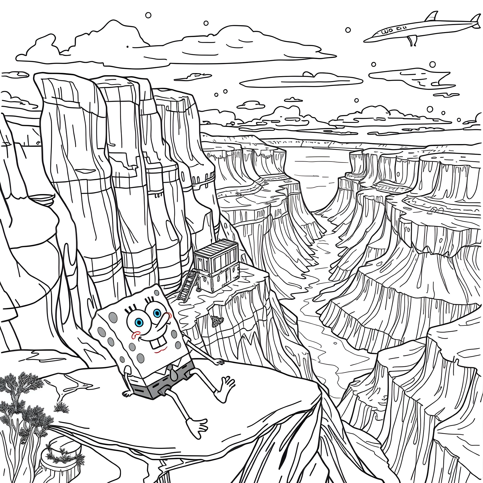 Spongebob's Extreme Cliff Diving Adventure Coloring Page (free black-and-white line drawing printable PDF for all, from beginners to advanced learners, including children, teens, adults, and seniors)