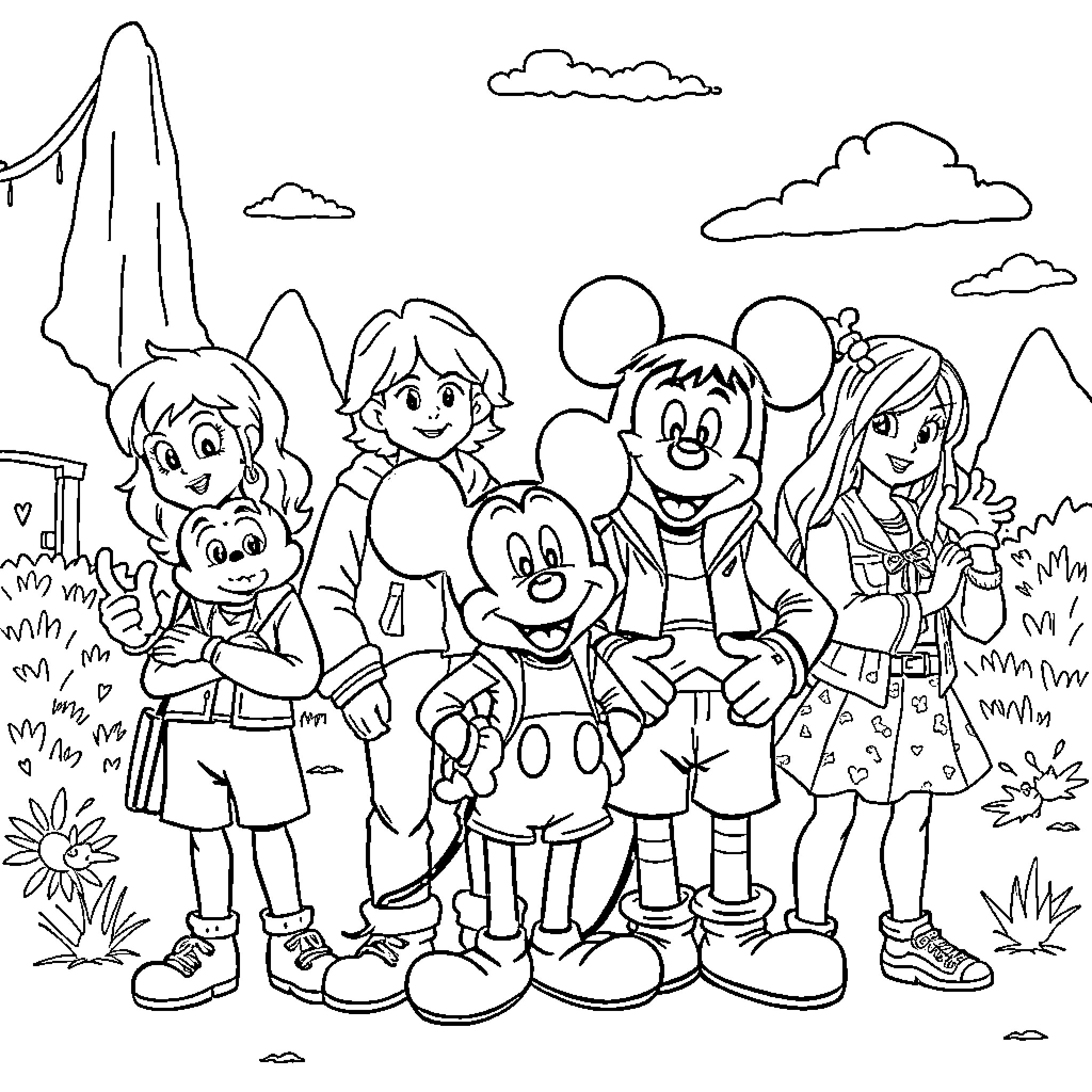 Mickey Mouse and Friends Explore the Outdoors Coloring Page (free black-and-white line drawing printable PDF for all, from beginners to advanced learners, including children, teens, adults, and seniors)