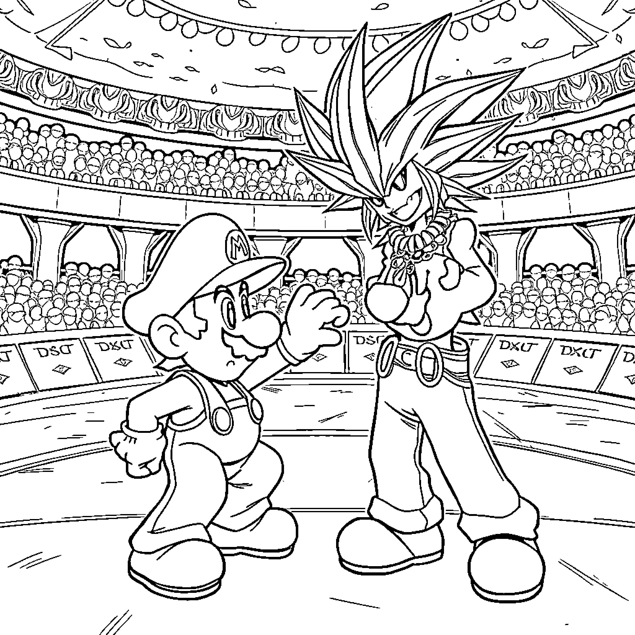 Mario's Wrestling Match with a Larger Opponent Coloring Page (free black-and-white line drawing printable PDF for all, from beginners to advanced learners, including children, teens, adults, and seniors)