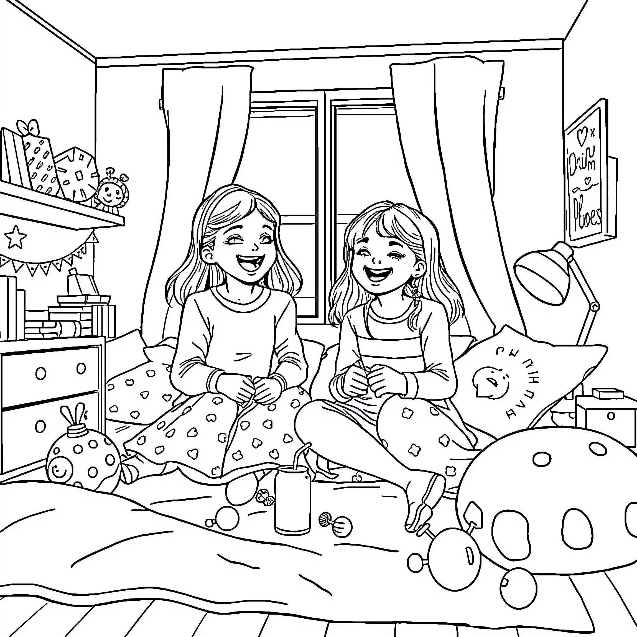 Sisters playing happily in their bedroom Coloring Page (free black-and-white line drawing printable PDF for all, from beginners to advanced learners, including children, teens, adults, and seniors)