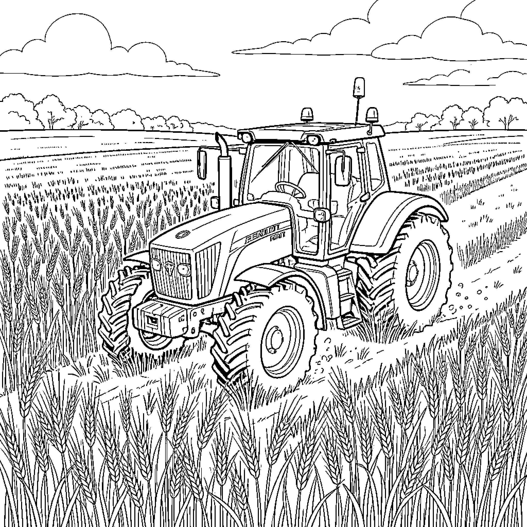 Tractor driving through a vast wheat field Coloring Page (free black-and-white line drawing printable PDF for all, from beginners to advanced learners, including children, teens, adults, and seniors)
