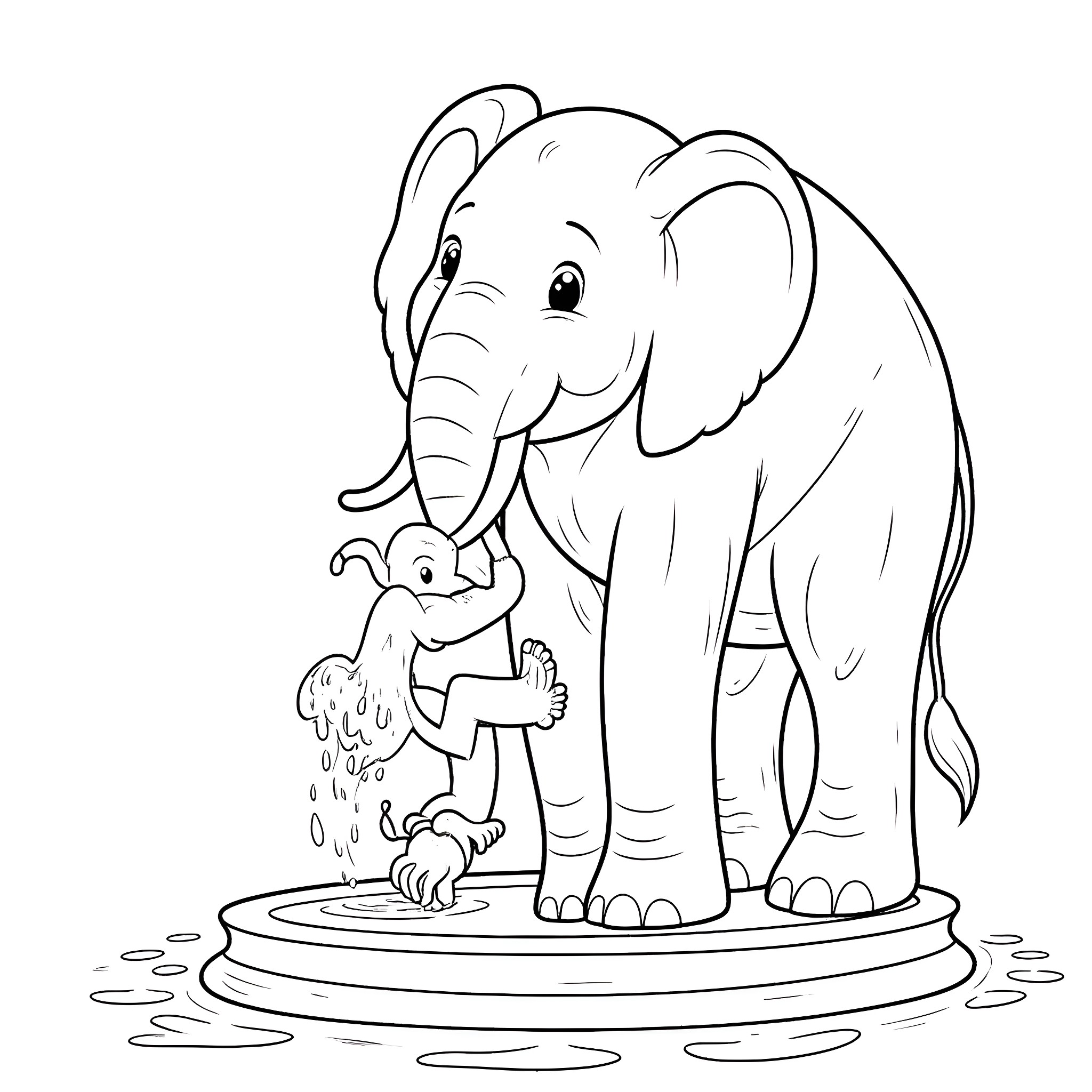 Monkey elephant pair in nature Coloring Page (free black-and-white line drawing printable PDF for all, from beginners to advanced learners, including children, teens, adults, and seniors)