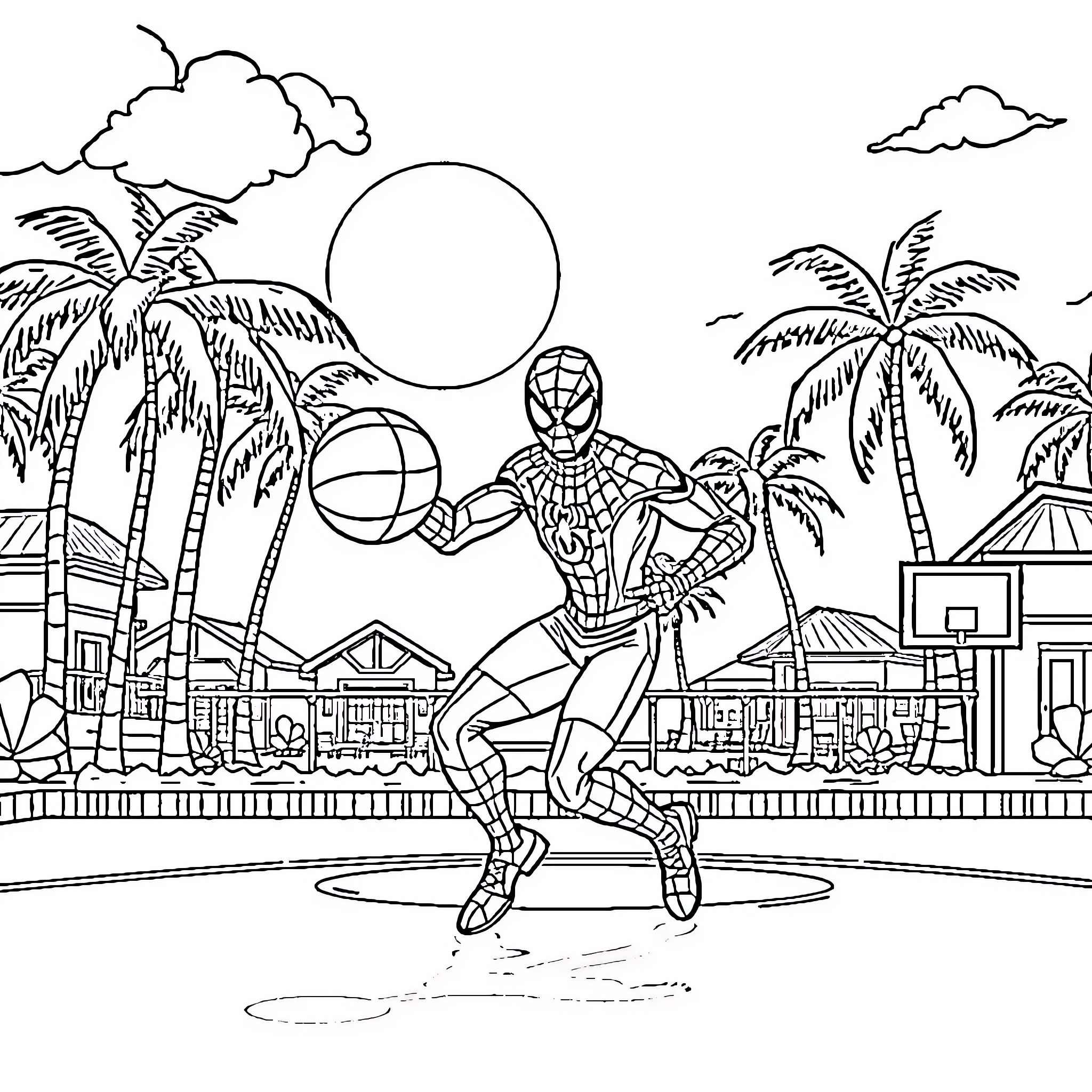 Spiderman playing basketball in tropical paradise Coloring Page (free black-and-white line drawing printable PDF for all, from beginners to advanced learners, including children, teens, adults, and seniors)