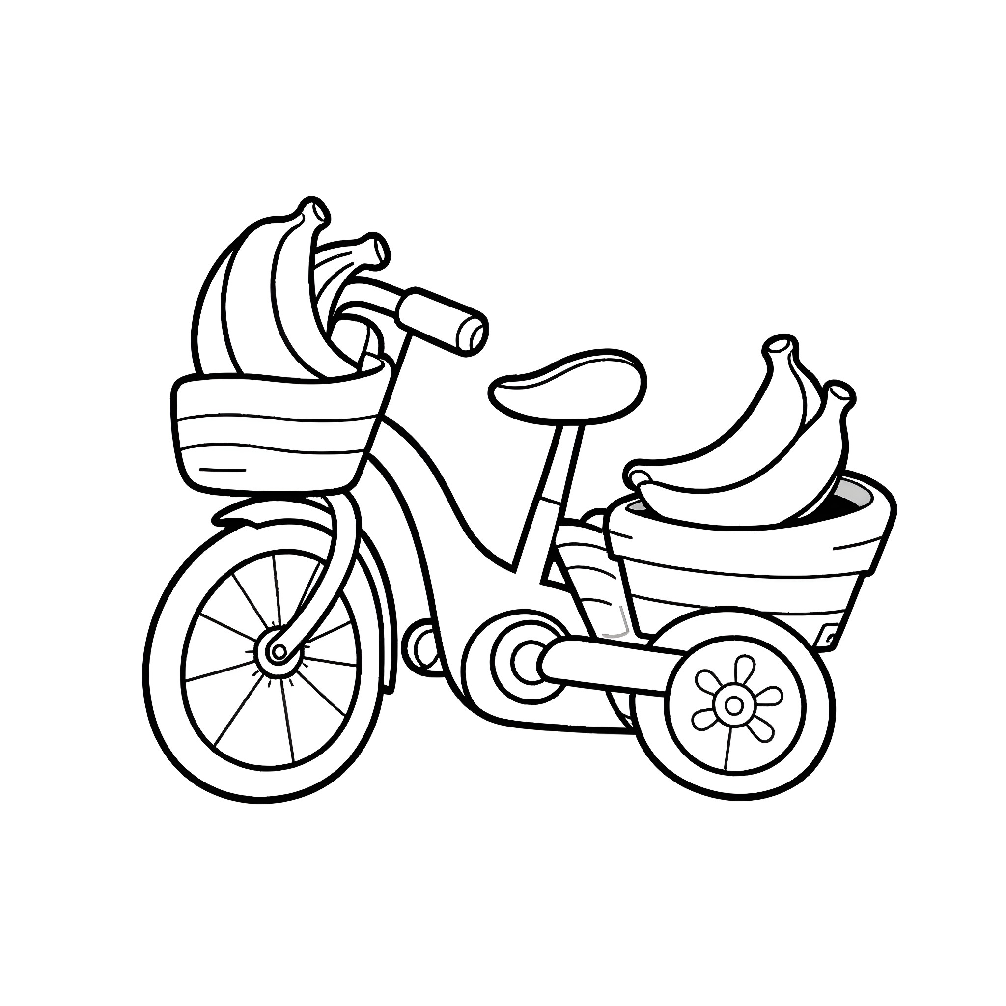Banana-shaped tricycle with fruit cargo Coloring Page (free black-and-white line drawing printable PDF for all, from beginners to advanced learners, including children, teens, adults, and seniors)