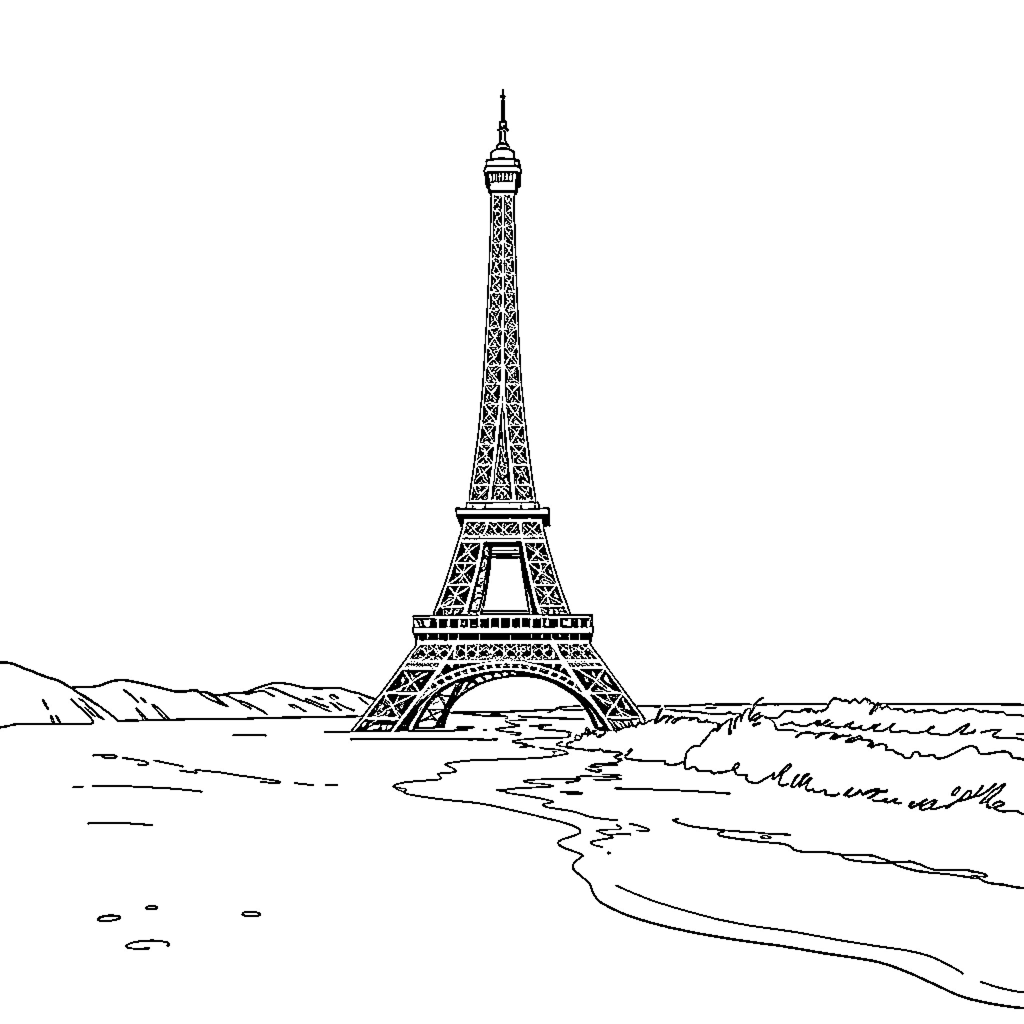 Eiffel Tower by the Seine River Coloring Page (free black-and-white line drawing printable PDF for all, from beginners to advanced learners, including children, teens, adults, and seniors)