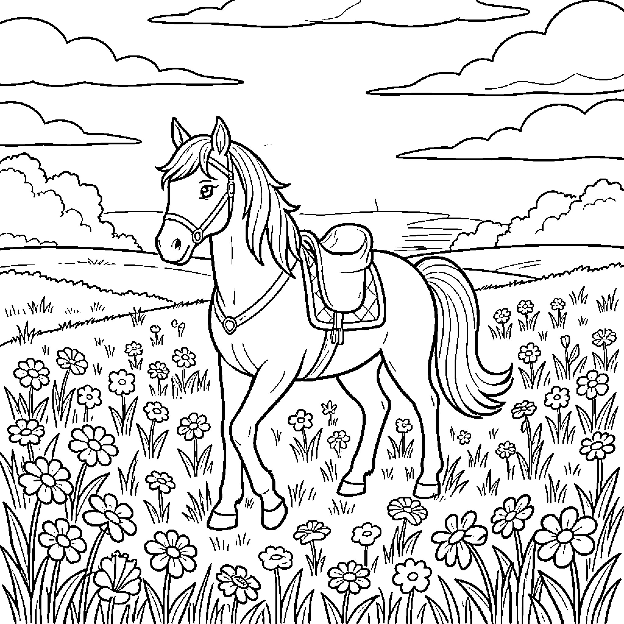 Pony standing peacefully in a field of flowers Coloring Page (free black-and-white line drawing printable PDF for all, from beginners to advanced learners, including children, teens, adults, and seniors)