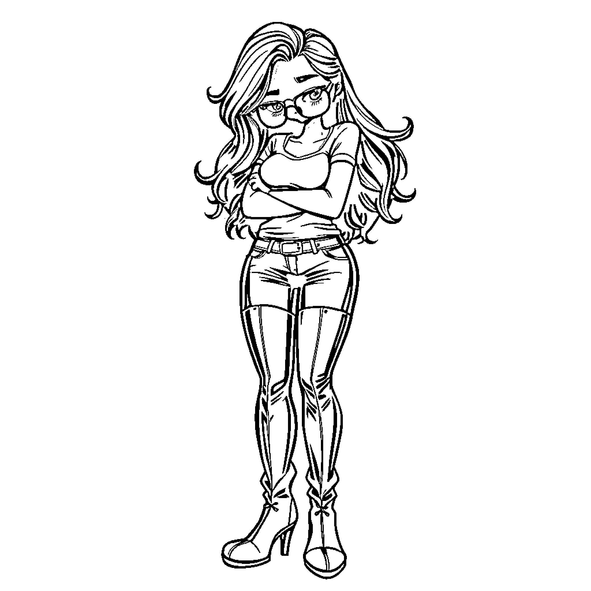Woman with long hair wearing glasses and casual clothing Coloring Page (free black-and-white line drawing printable PDF for all, from beginners to advanced learners, including children, teens, adults, and seniors)