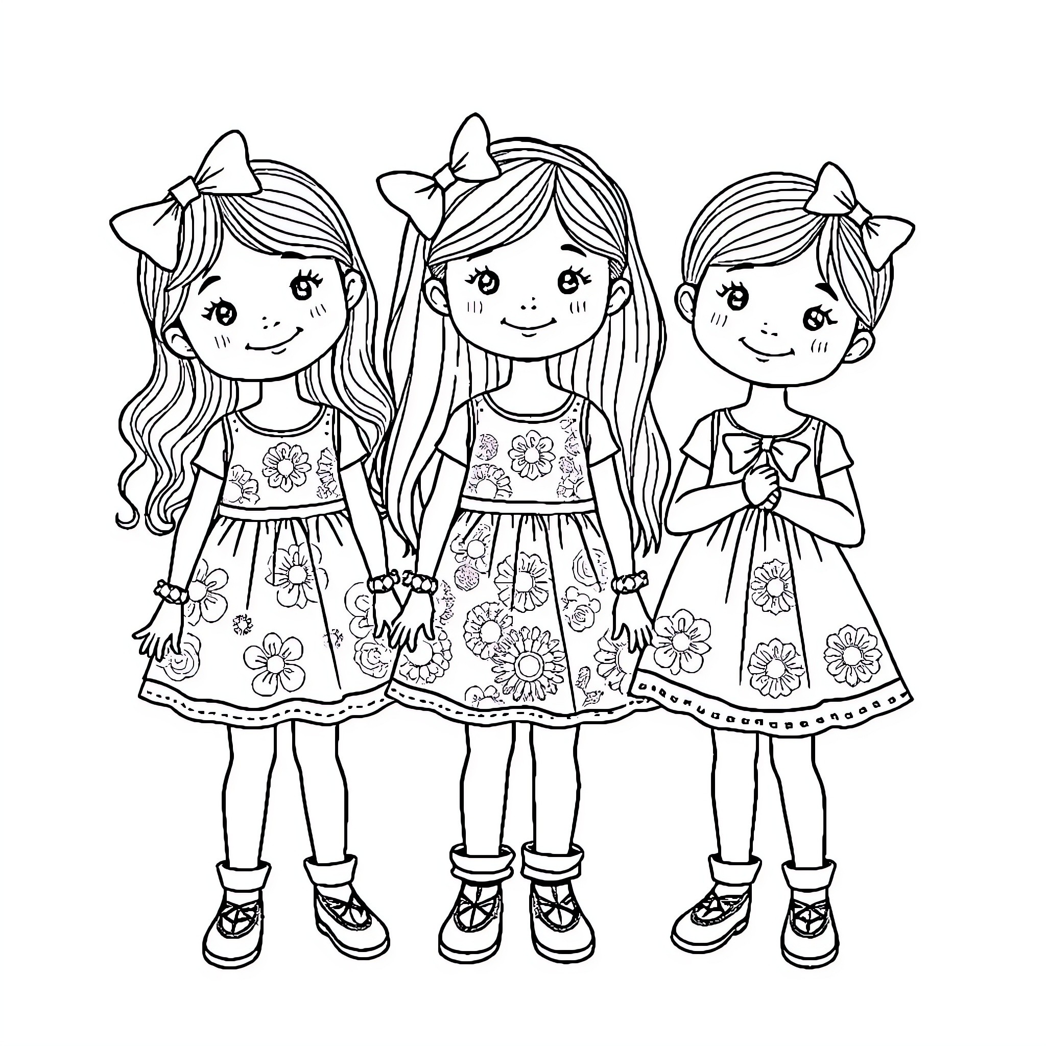 Girls in Floral Dresses Posing Together Coloring Page (free black-and-white line drawing printable PDF for all, from beginners to advanced learners, including children, teens, adults, and seniors)
