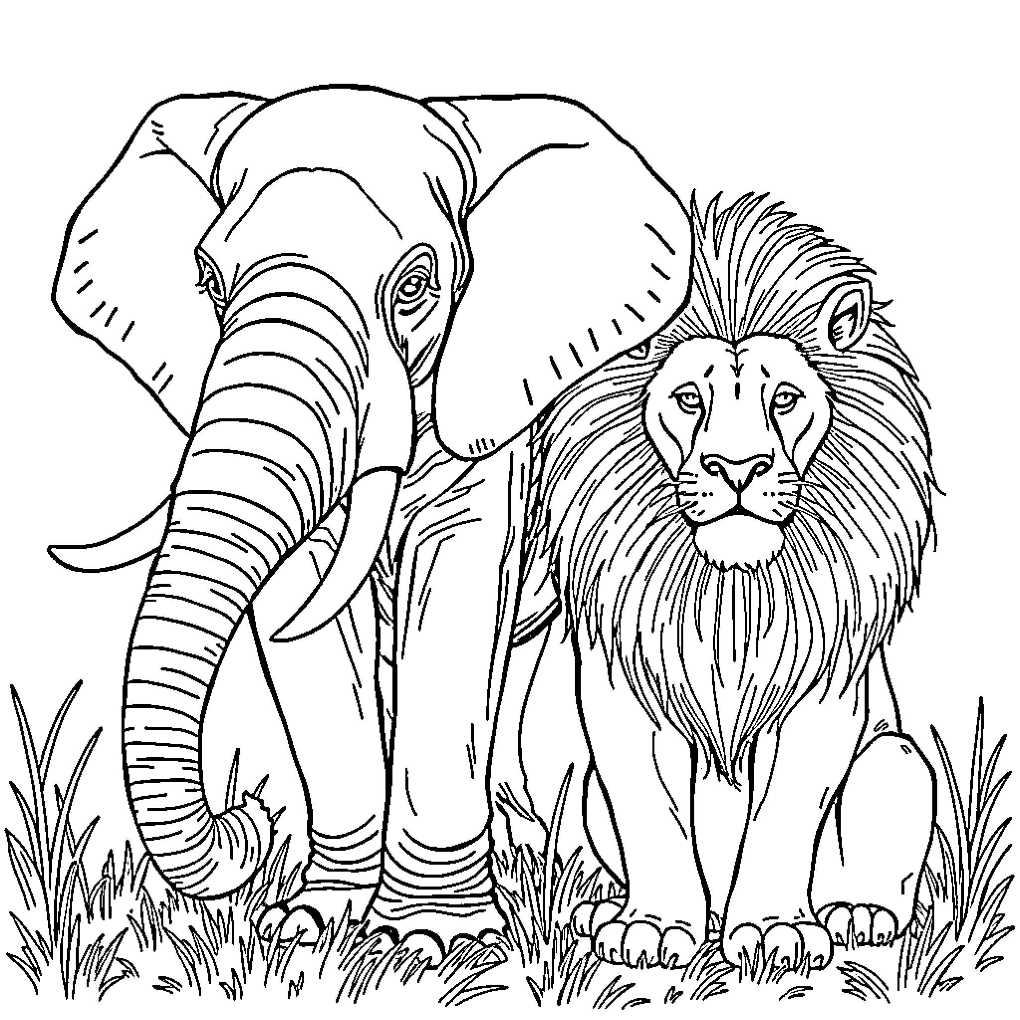 Elephant and Lion in the Wild Coloring Page (free black-and-white line drawing printable PDF for all, from beginners to advanced learners, including children, teens, adults, and seniors)