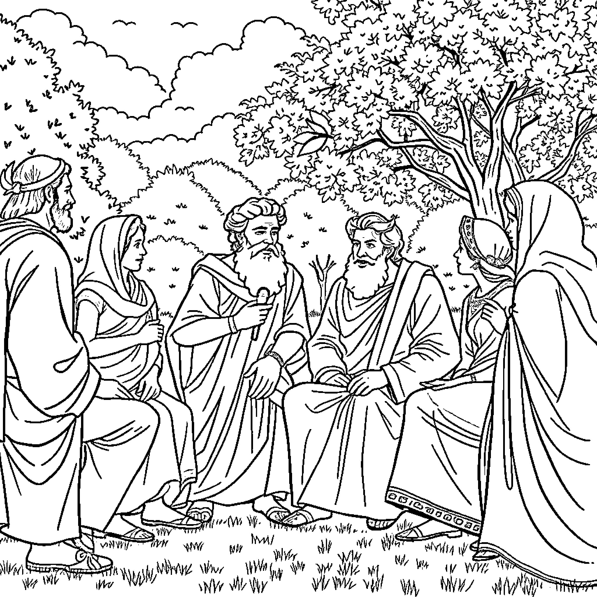 Hippocrates and Philosophers Discussing in the Park Coloring Page (free black-and-white line drawing printable PDF for all, from beginners to advanced learners, including children, teens, adults, and seniors)