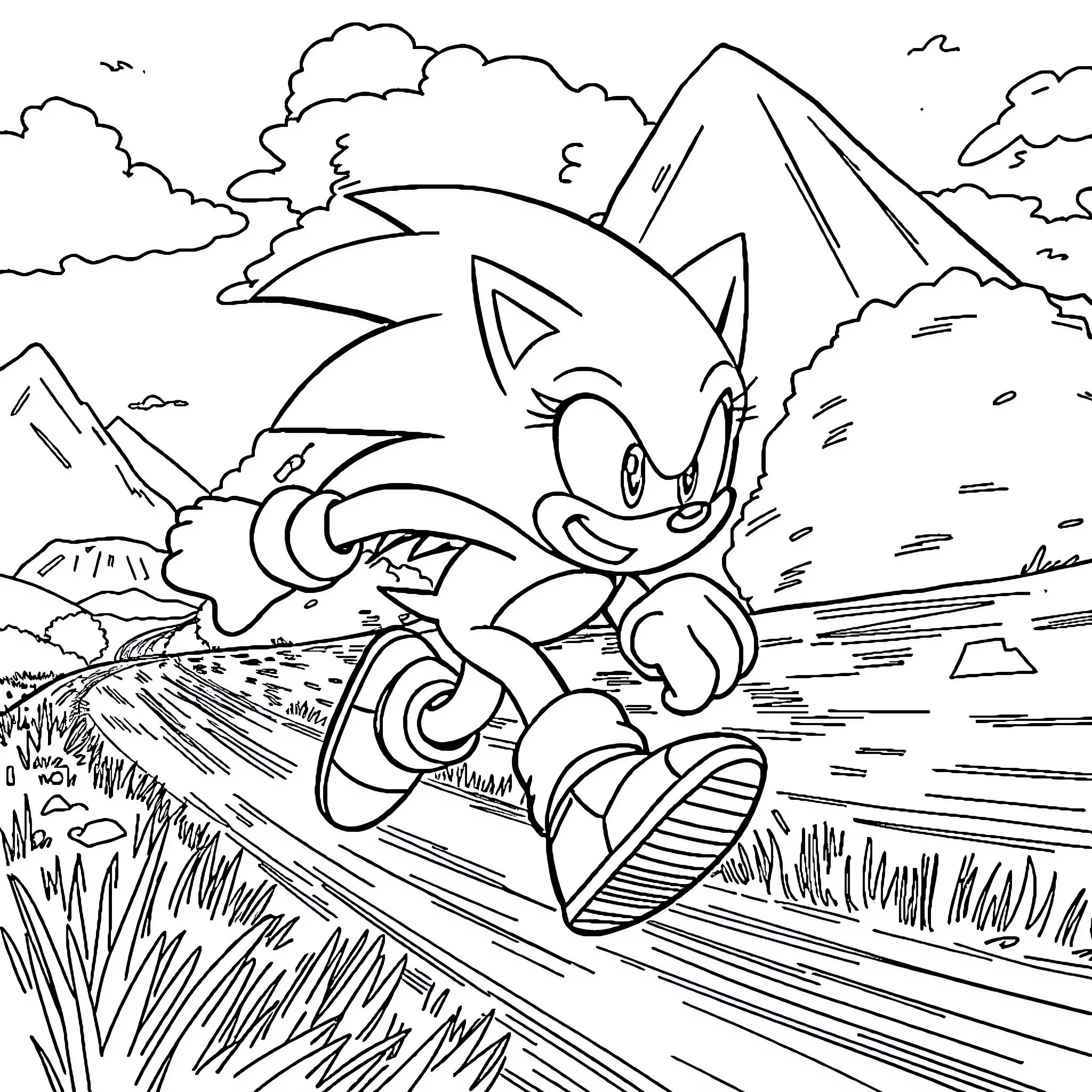 Sonic Dashing Through an Adventurous Landscape Coloring Page (free black-and-white line drawing printable PDF for all, from beginners to advanced learners, including children, teens, adults, and seniors)