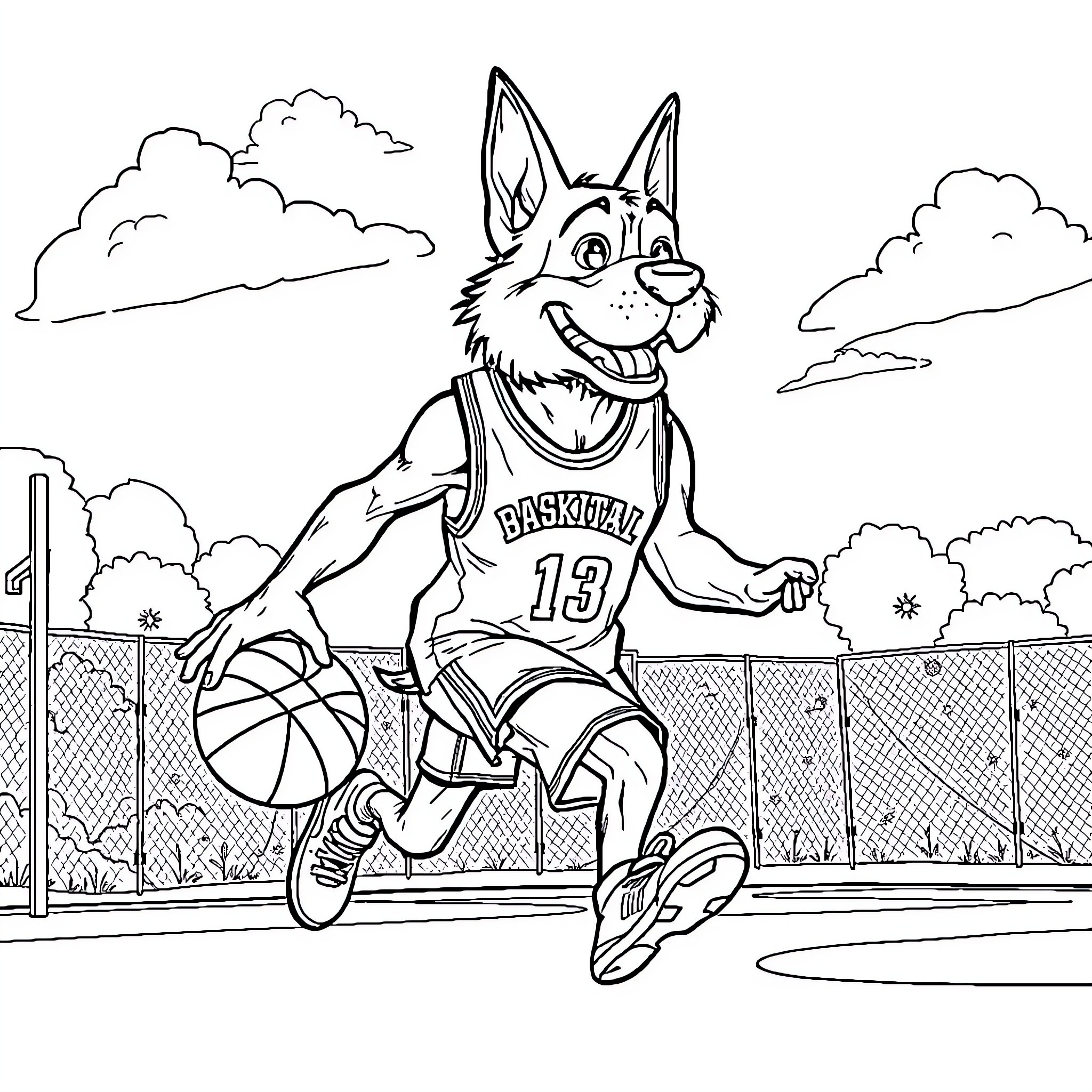 Dogman playing basketball on the court Coloring Page (free black-and-white line drawing printable PDF for all, from beginners to advanced learners, including children, teens, adults, and seniors)