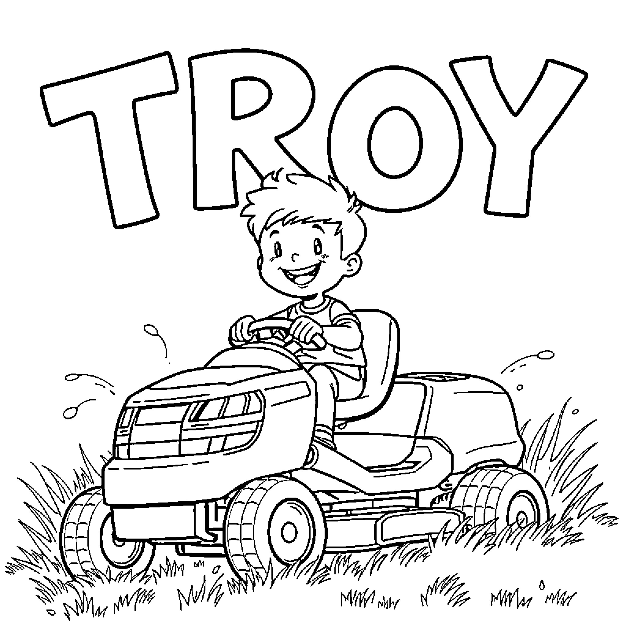 Boy Happily Riding Lawn Mower in the Yard Coloring Page (free black-and-white line drawing printable PDF for all, from beginners to advanced learners, including children, teens, adults, and seniors)
