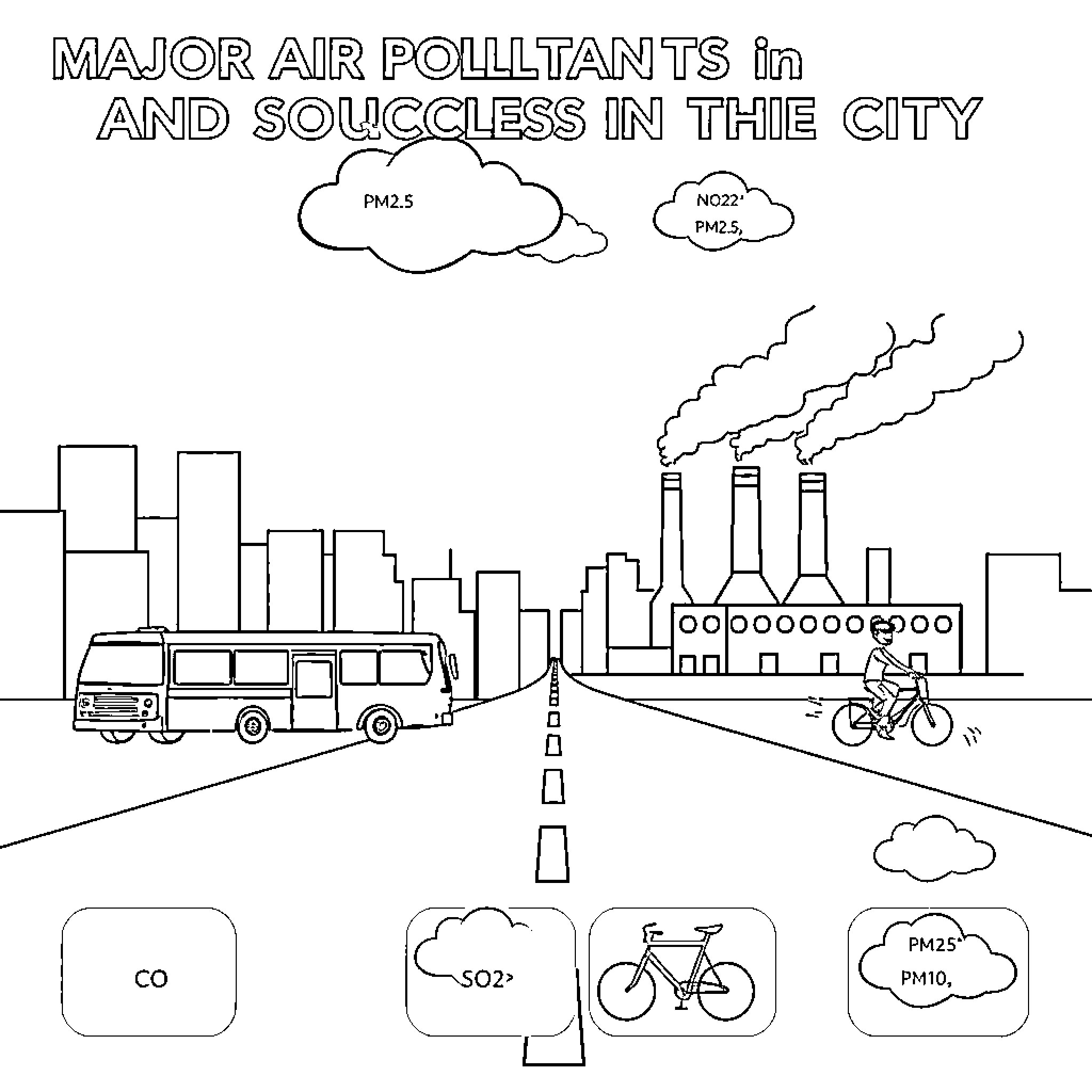Pollutant threats in the urban landscape Coloring Page (free black-and-white line drawing printable PDF for all, from beginners to advanced learners, including children, teens, adults, and seniors)